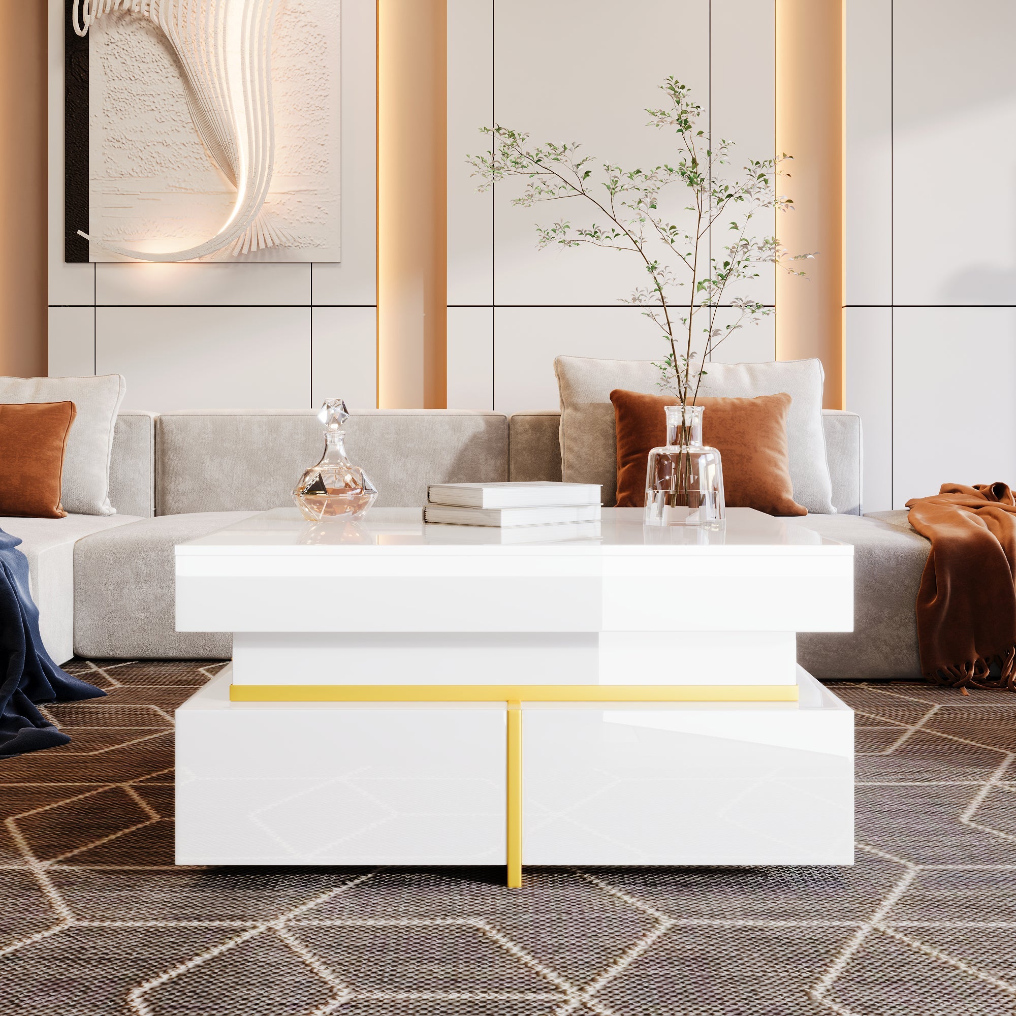 Coffee Table, High-Gloss, Drawers and Gold Accents