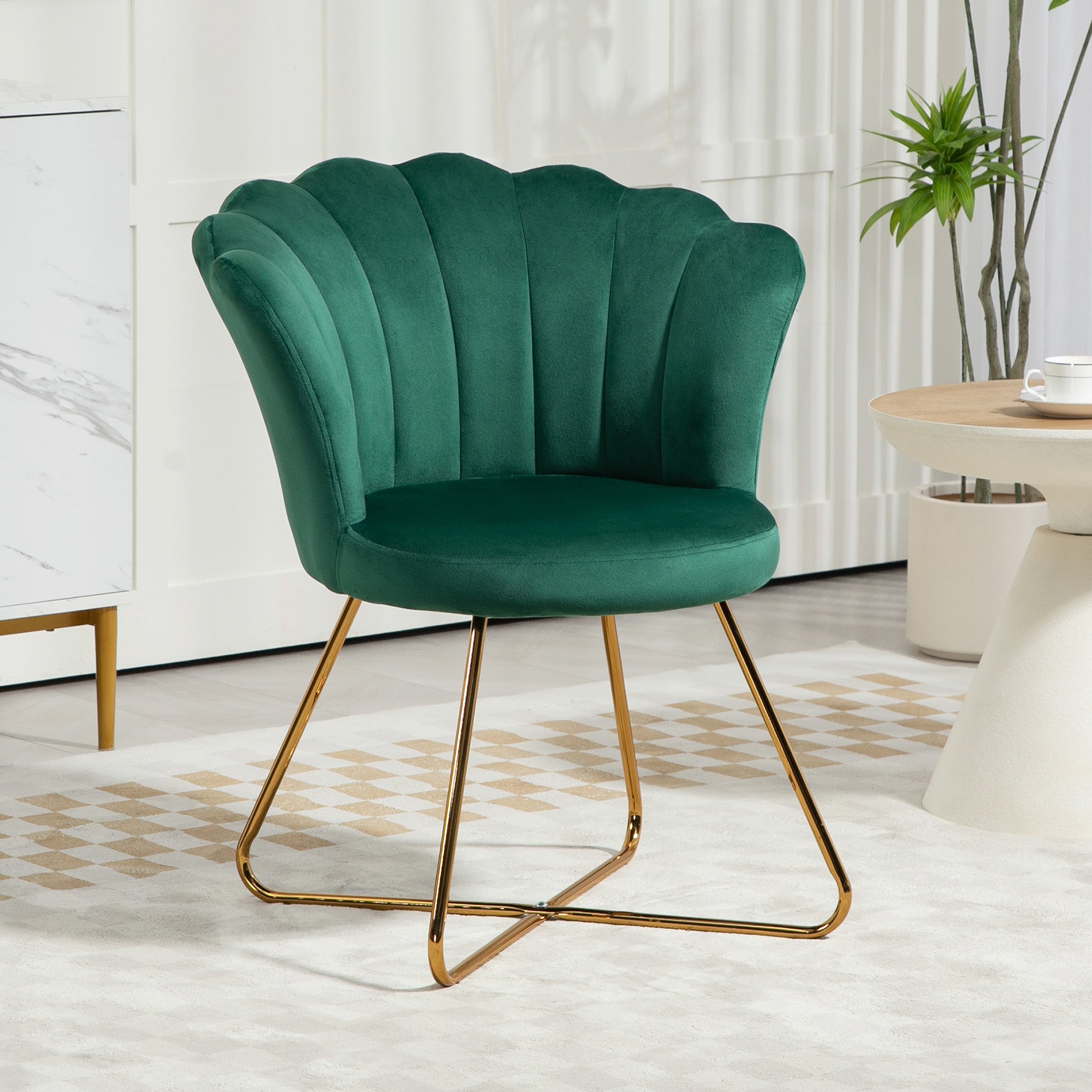 Velvet-Feel Accent Chair with Lotus Petal Design - Green