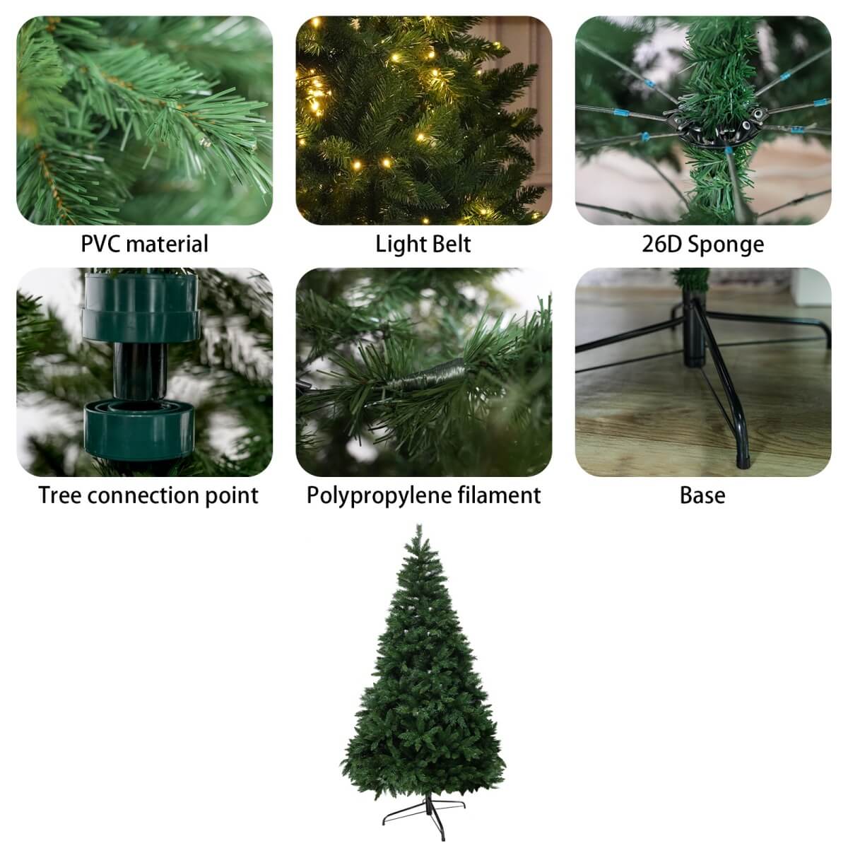 Artificial Christmas Tree with Colour LED Lights – Realistic PVC Xmas Tree, Pre-Lit, 6ft & 7ft, Metal Stand