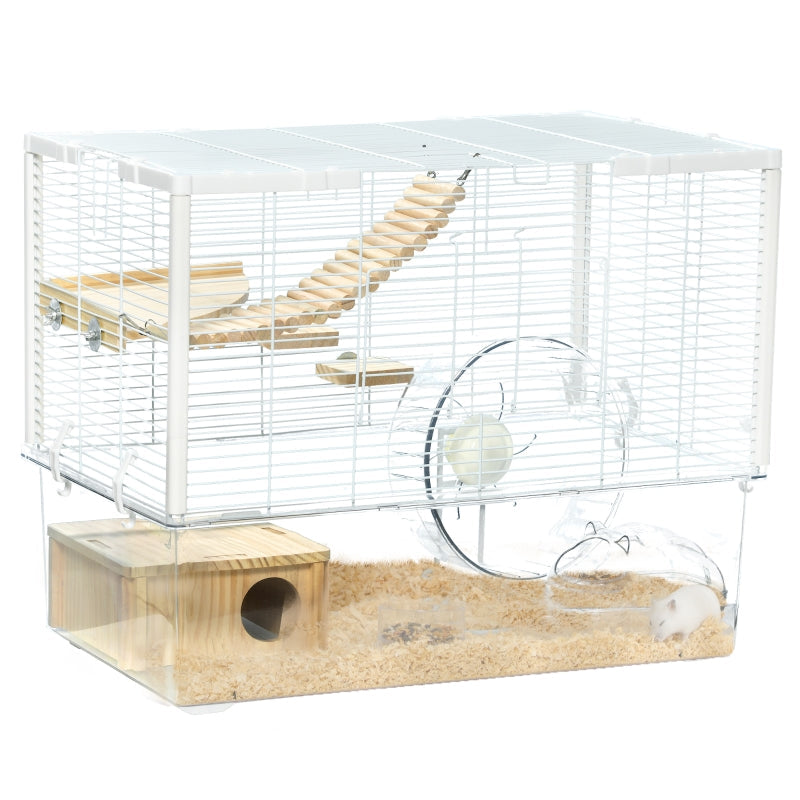 Hamster/Gerbil Cage with Wooden Ramp, Exercise Wheel, Food Bowl - White