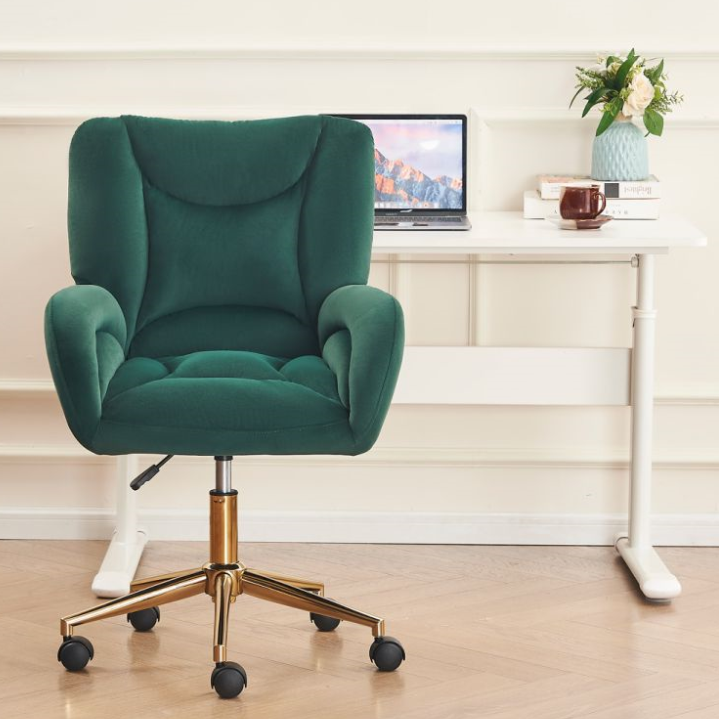 Full KD Velvet Fabric Home Office Chair: Adjustable Height, Swivel, Green with Gold Legs