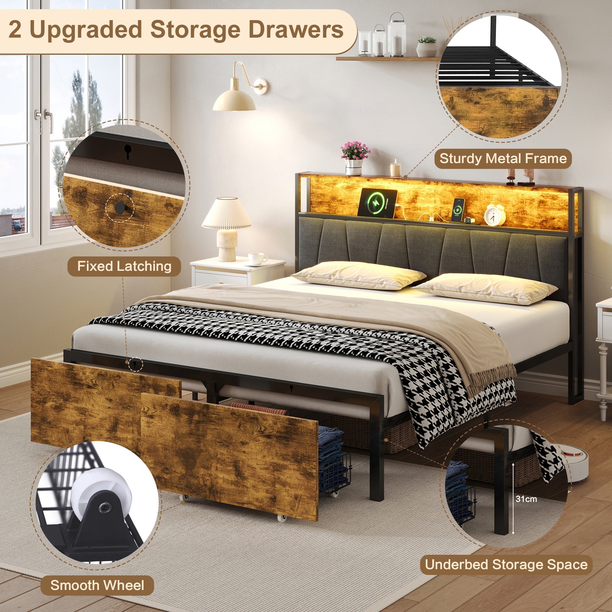 4ft6 Double Bed Frame with 2 Storage Drawers, RGB LED Storage Headboard & Charging Station, Black+Walnut