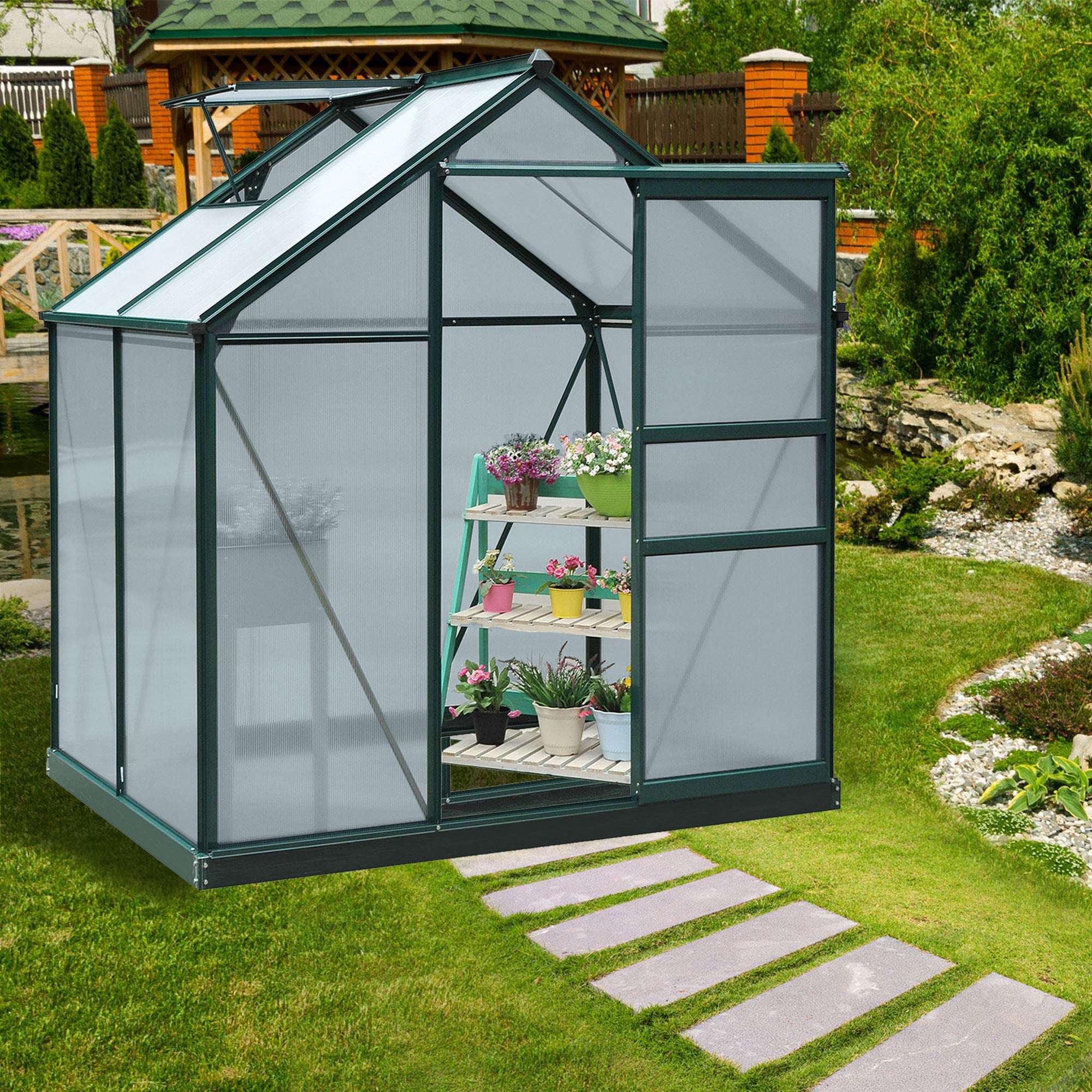 Polycarbonate Greenhouse, Large Walk-In 6 x 4ft with Slide Door and Window, Aluminium Frame, Dark Green