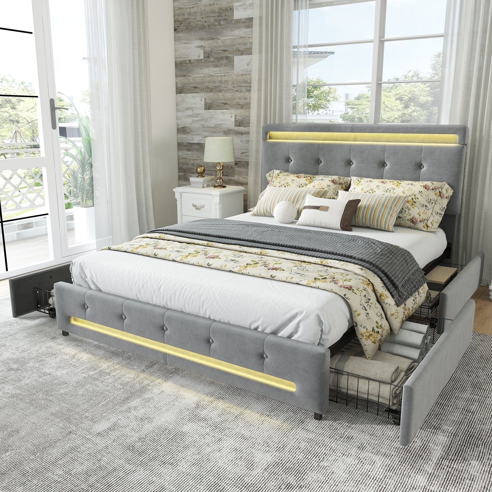 Upholstered Storage Bed with Soft Backrest, 4 Drawers, LED Light Strips, Grey Velvet
