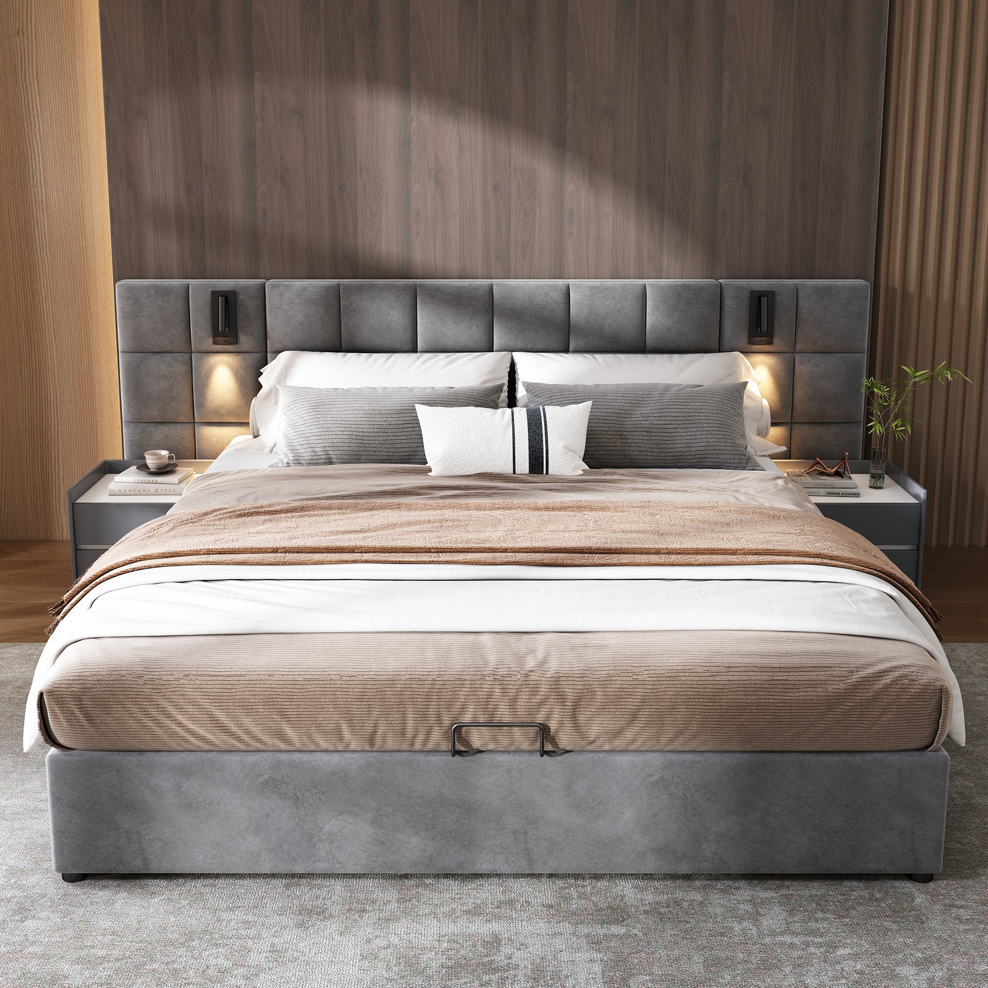 Upholstered Bed, Double 4ft6 Hydraulic Storage with Lamp & USB Charging, Checkerboard Pattern, Velvet Grey