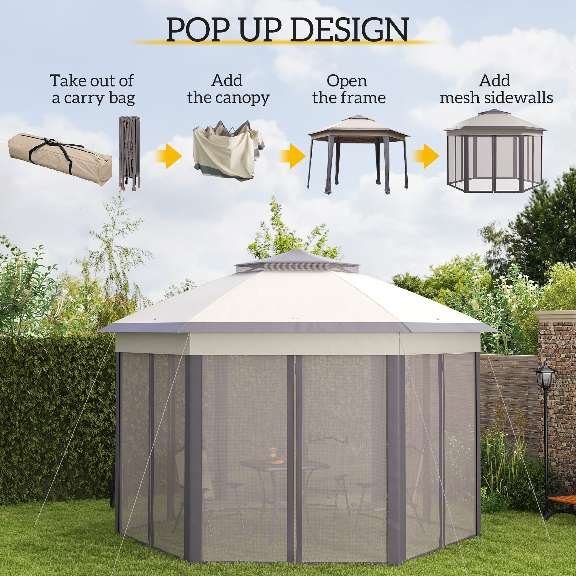 Garden Gazebo Hexagon Pop Up Tent Double Roof Instant Shelter with Netting, Beige