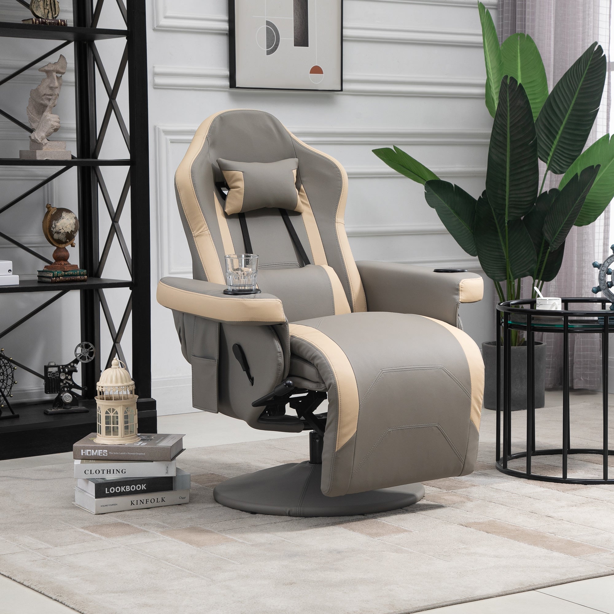 Manual Recliner Armchair with Adjustable Leg Rest, 135¡ã Reclining, 360¡ã Swivel, Grey PU Leather
