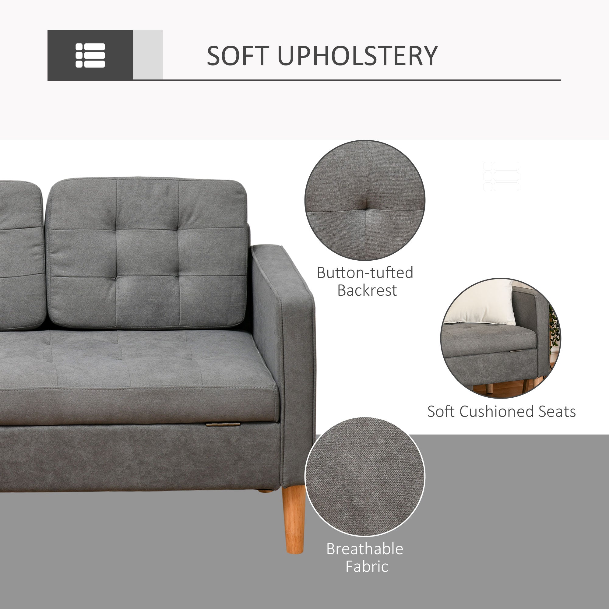 Modern 3 Seater Sofa, Hidden Storage Couch with Wood Legs, Grey Cotton