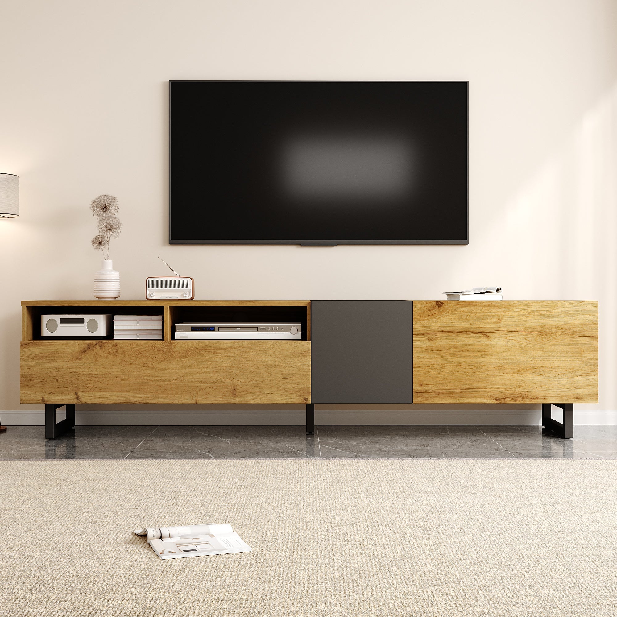Colorblock TV Cabinet, Three Doors Two Compartments U-Shaped Legs, Retro Wood Grain