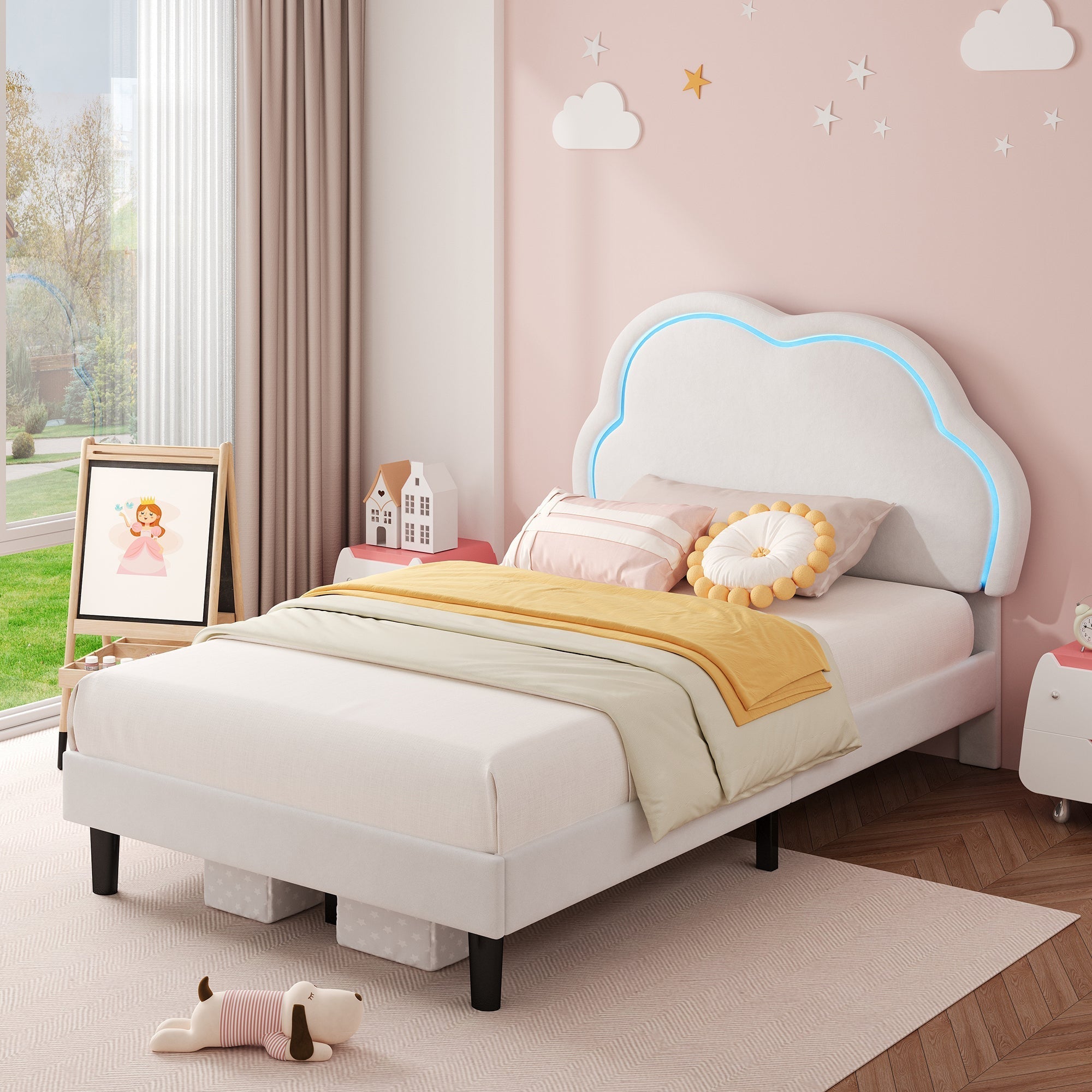 3ft Single Upholstered Bed with LED Adjustable Cute Cloud Headboard, Soft Velvet Bed Frame with Solid Wood Slat, Cream White