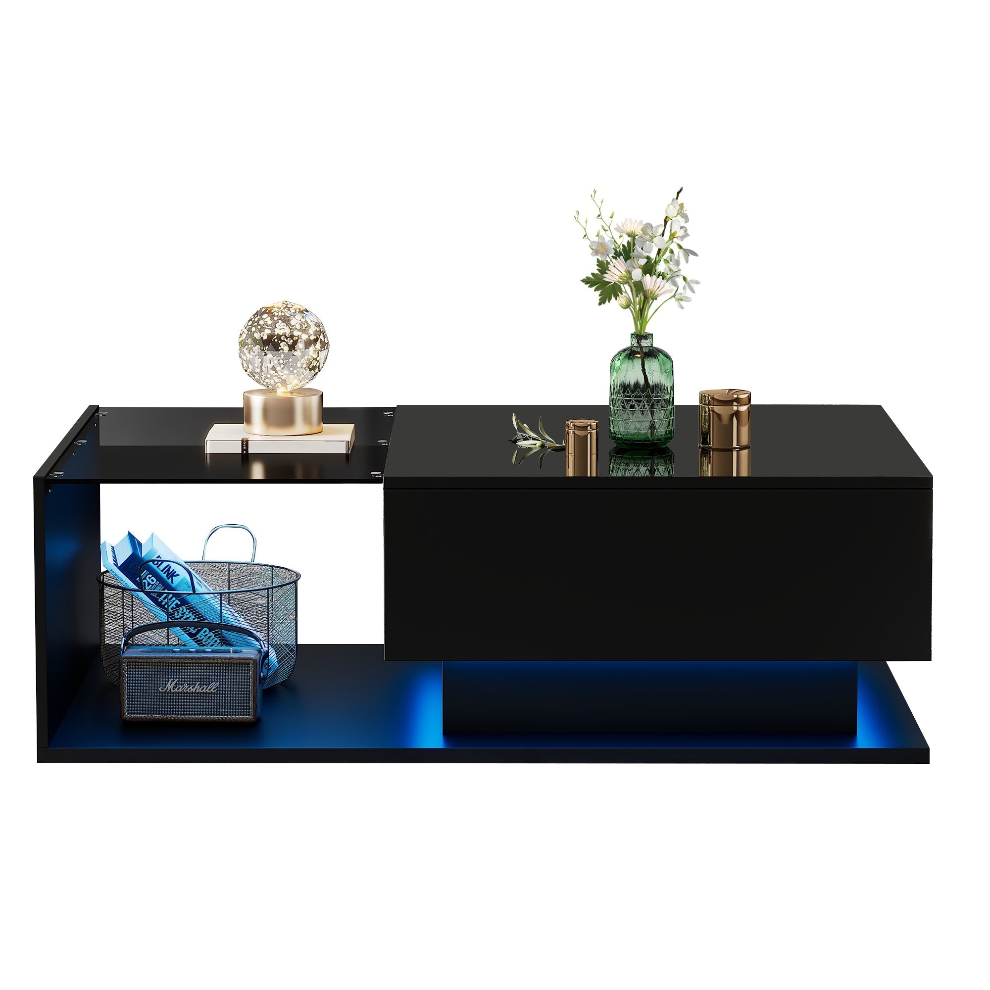 LED Coffee Table, Modern High Gloss Coffee Table, Center Table with Glass, Modern Coffee Table for Living Room with Drawer (Black)