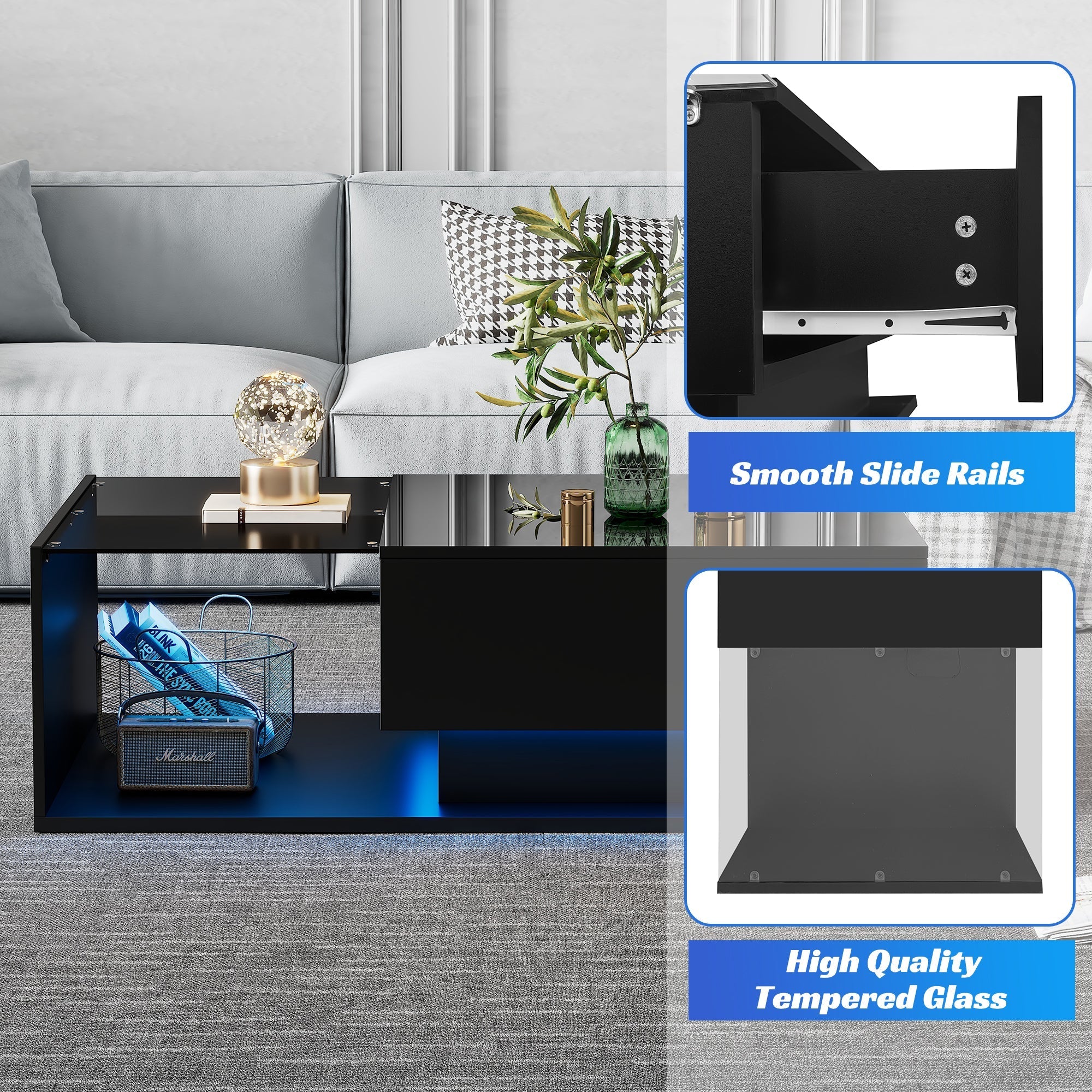 LED Coffee Table, Modern High Gloss Coffee Table, Center Table with Glass, Modern Coffee Table for Living Room with Drawer (Black)