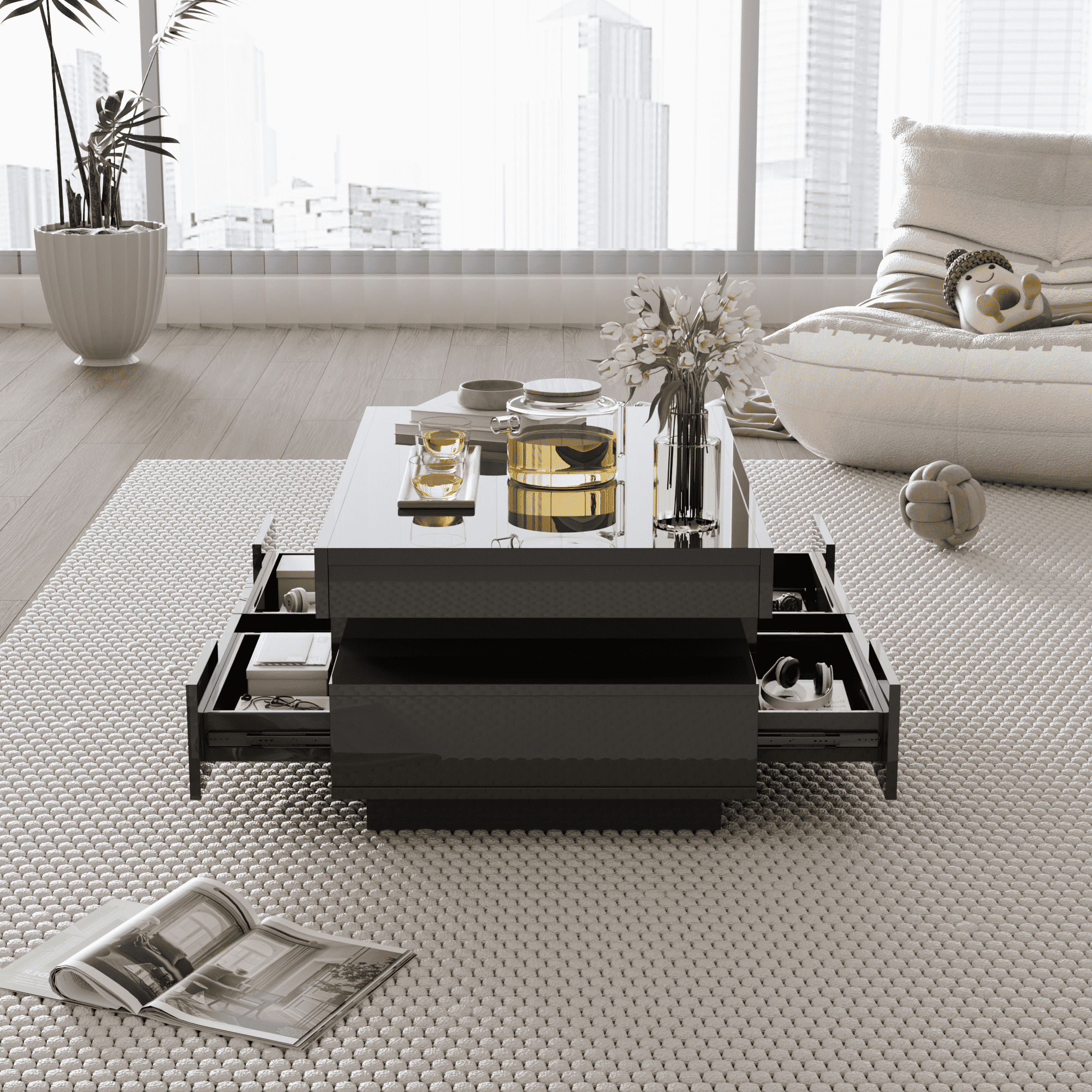 Coffee Table, High-Gloss, LED Light, Four Drawers, Large Storage, White