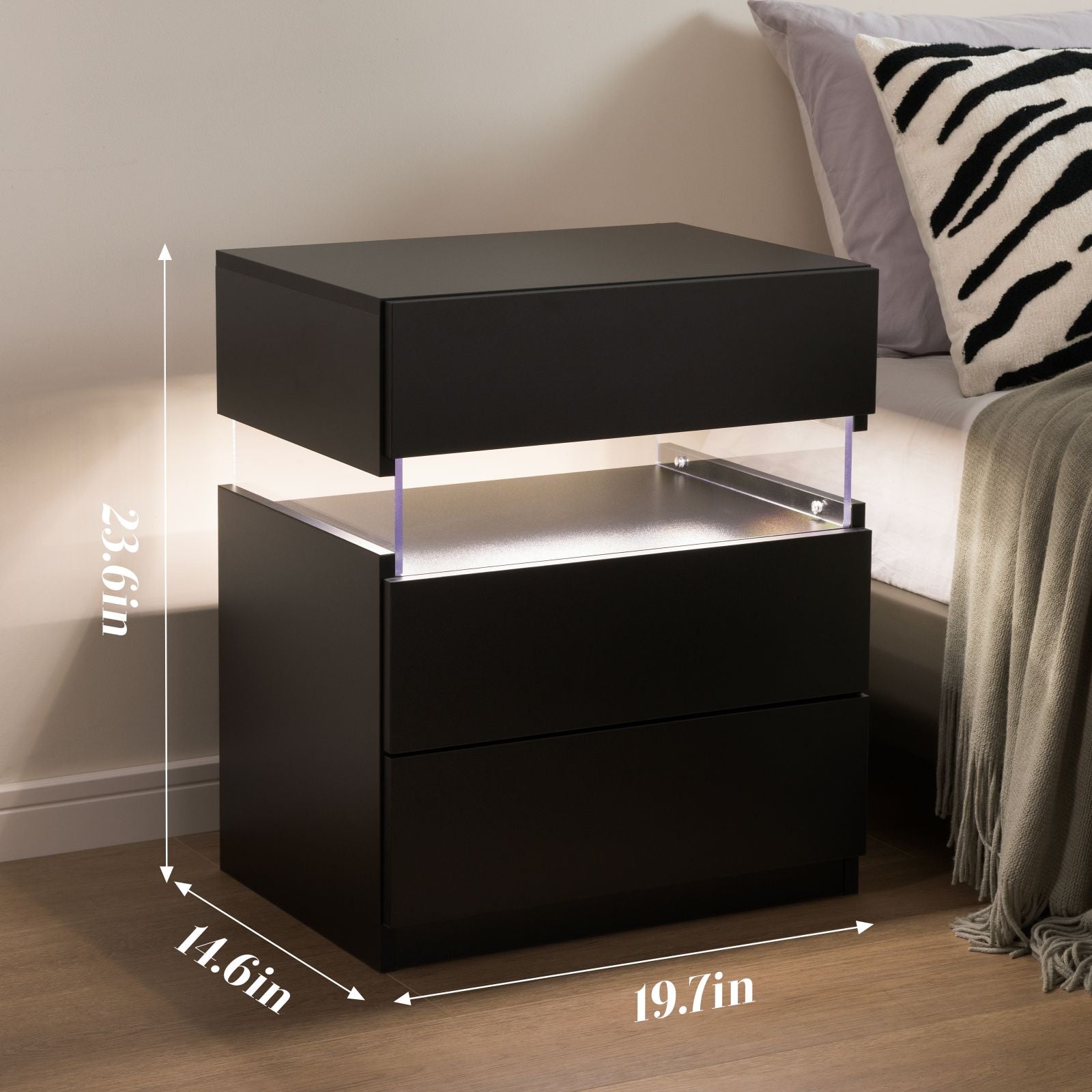 LED Nightstands Acrylic Board LED Bedside Tables for Bedroom End Table with 3 Drawer Dresser for Bedroom Living Room Bedside Furniture (Black)