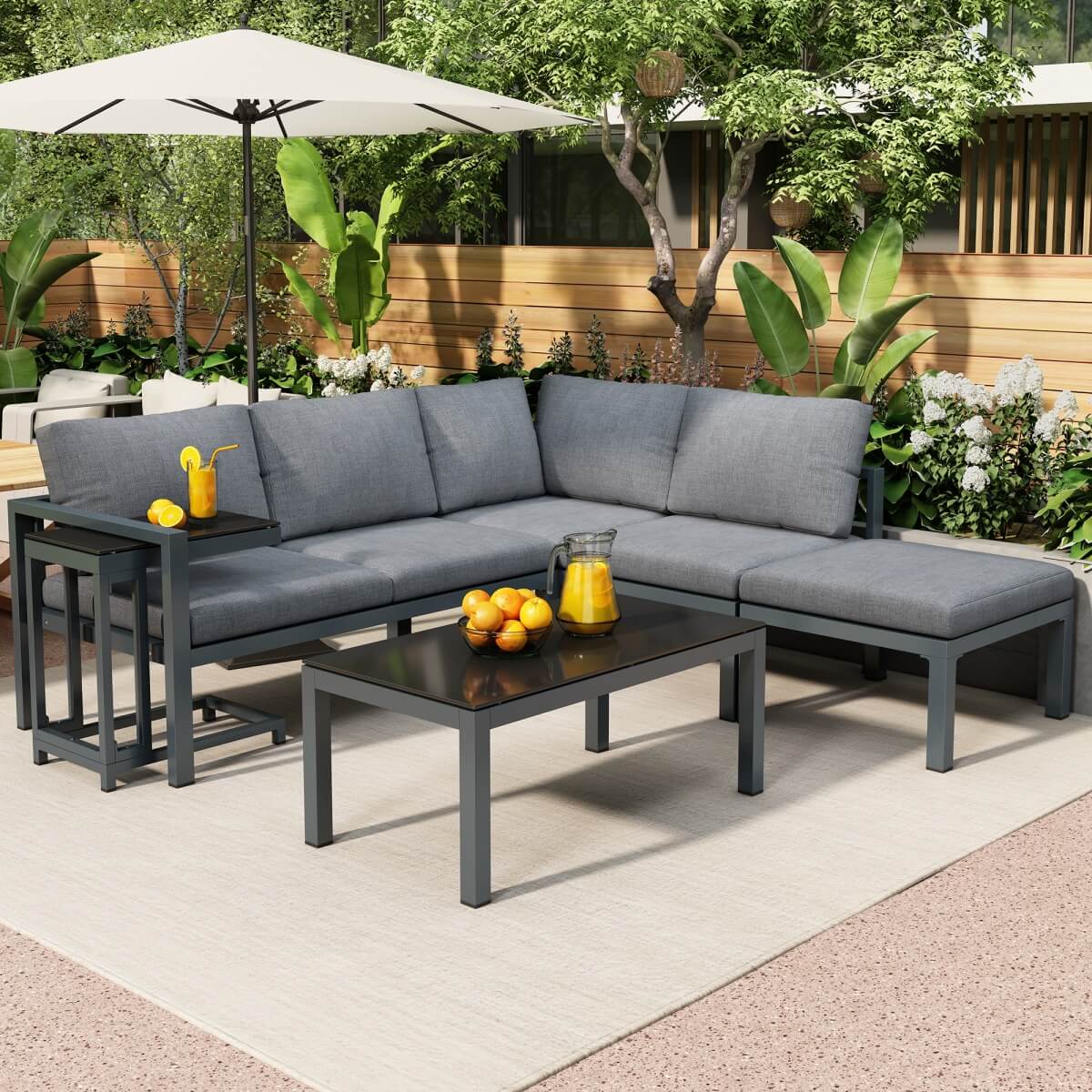 4 to 5 Seater Outdoor Garden Corner Sofa Set – All Weather Lounge Furniture with Coffee Table and Side Table