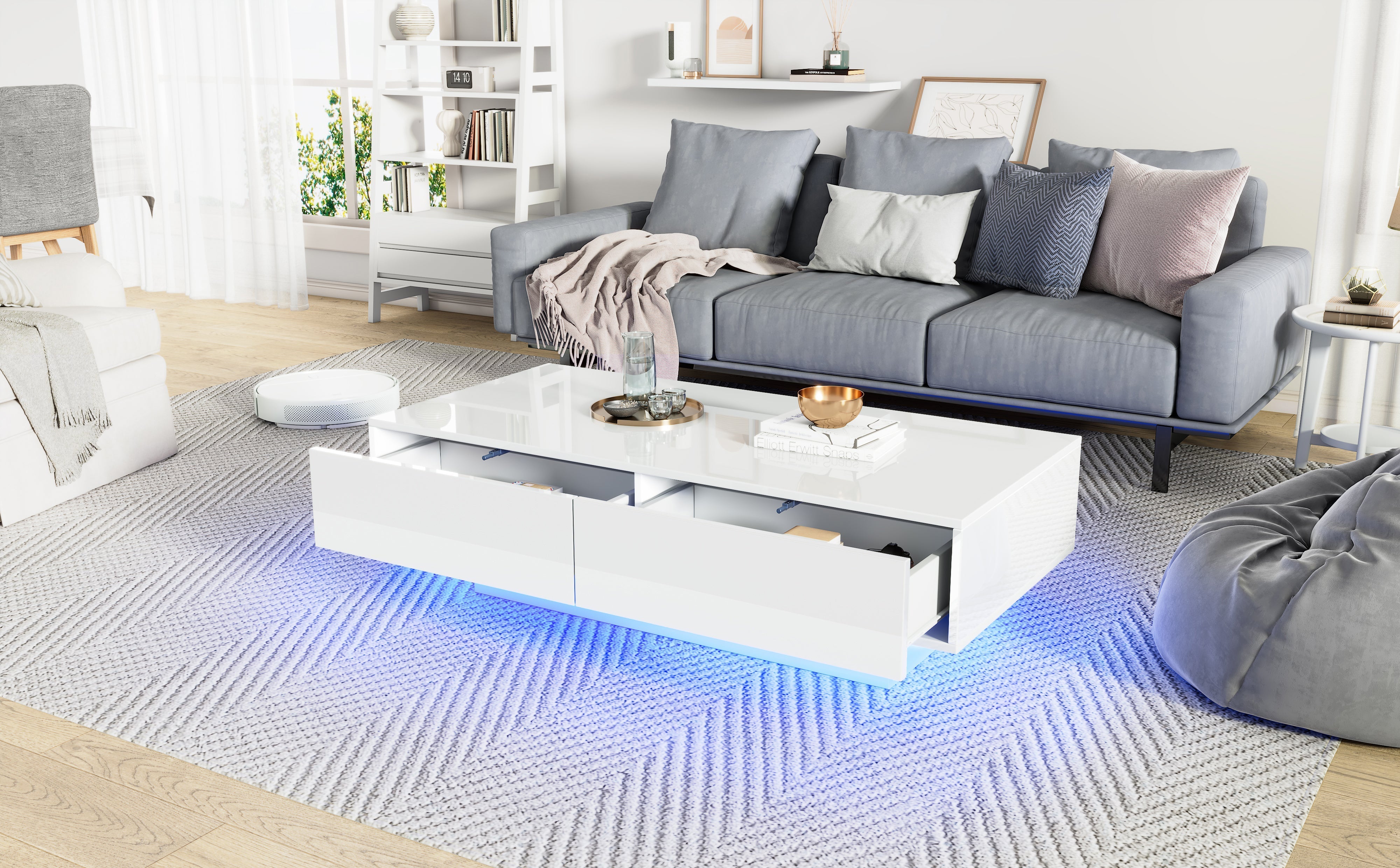White High Gloss LED Coffee Table with 16 Colors LED Lights and 2 Drawers