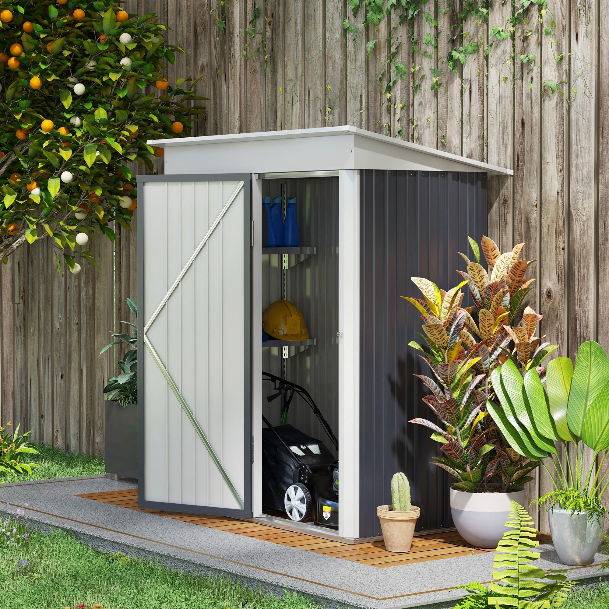 Metal Garden Shed, Outdoor Lean-to for Tools and Motorbike, with Adjustable Shelf, Lock, Dark Grey