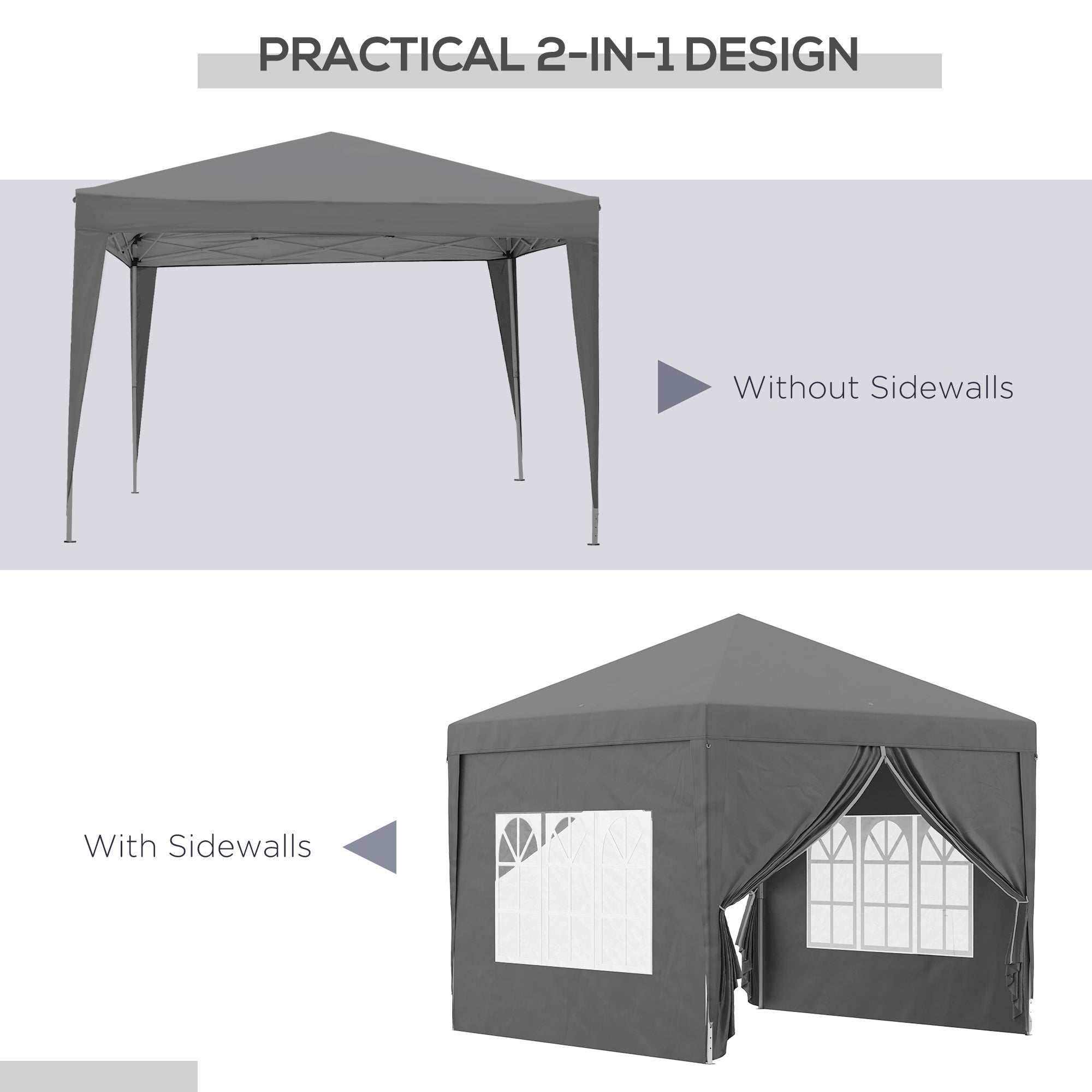Pop Up Gazebo Water Resistant with Carry Bag and 2 Windows, Grey