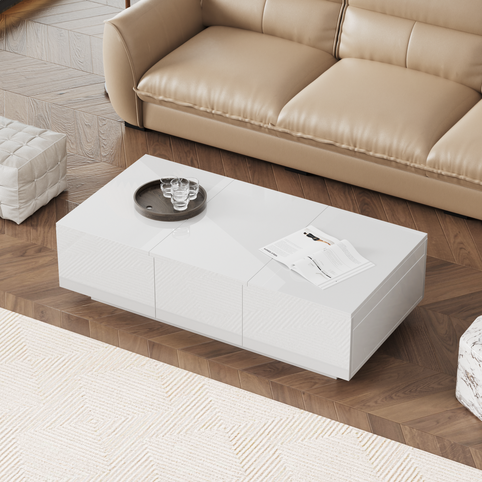 Coffee Table, High-Gloss Living Room with Push-Pull Storage, White