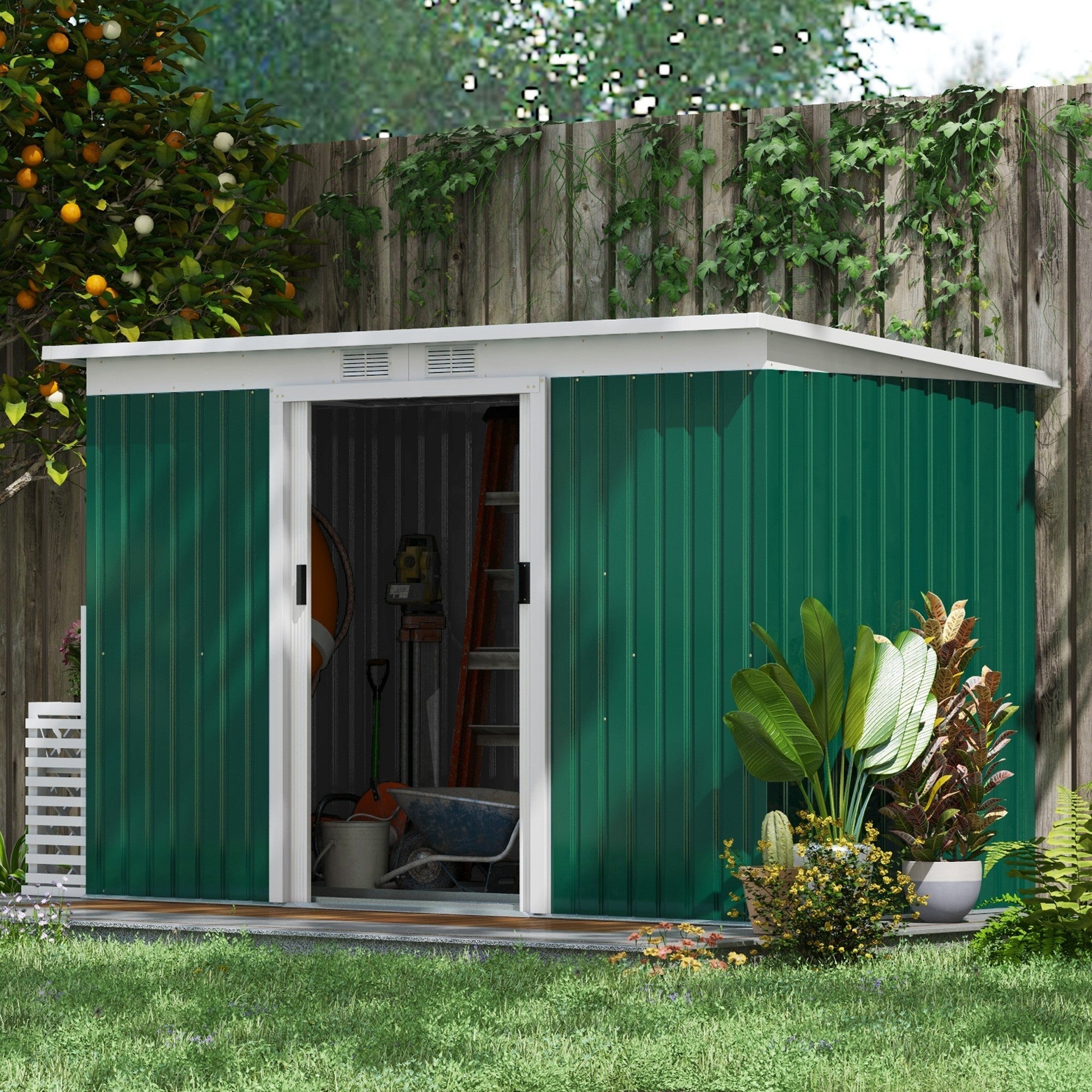 9ft x 4ft Metal Garden Shed with Foundation Kit, Ventilations, Double Doors, Deep Green