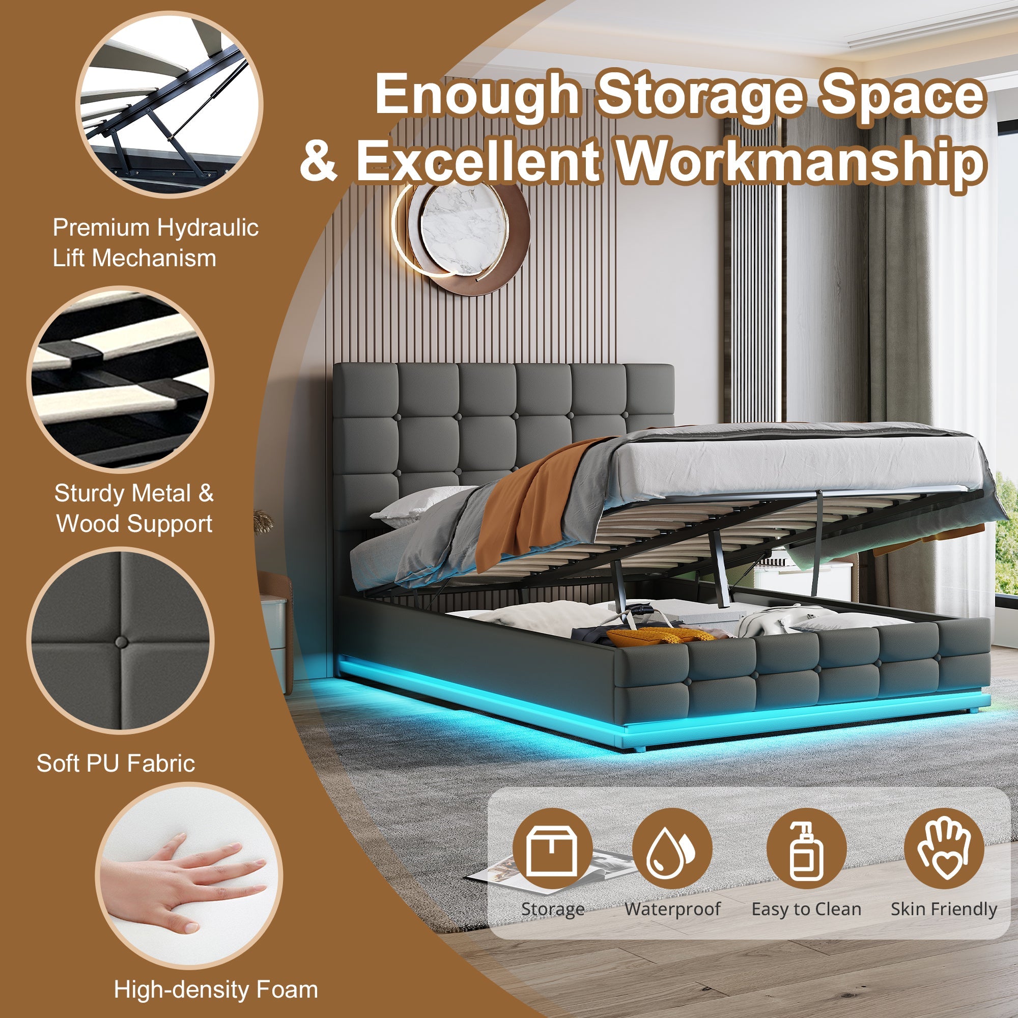 Ottoman Double Bed with LED Lighting, Hydraulic Storage, Adjustable Headboard, Grey PU Leather