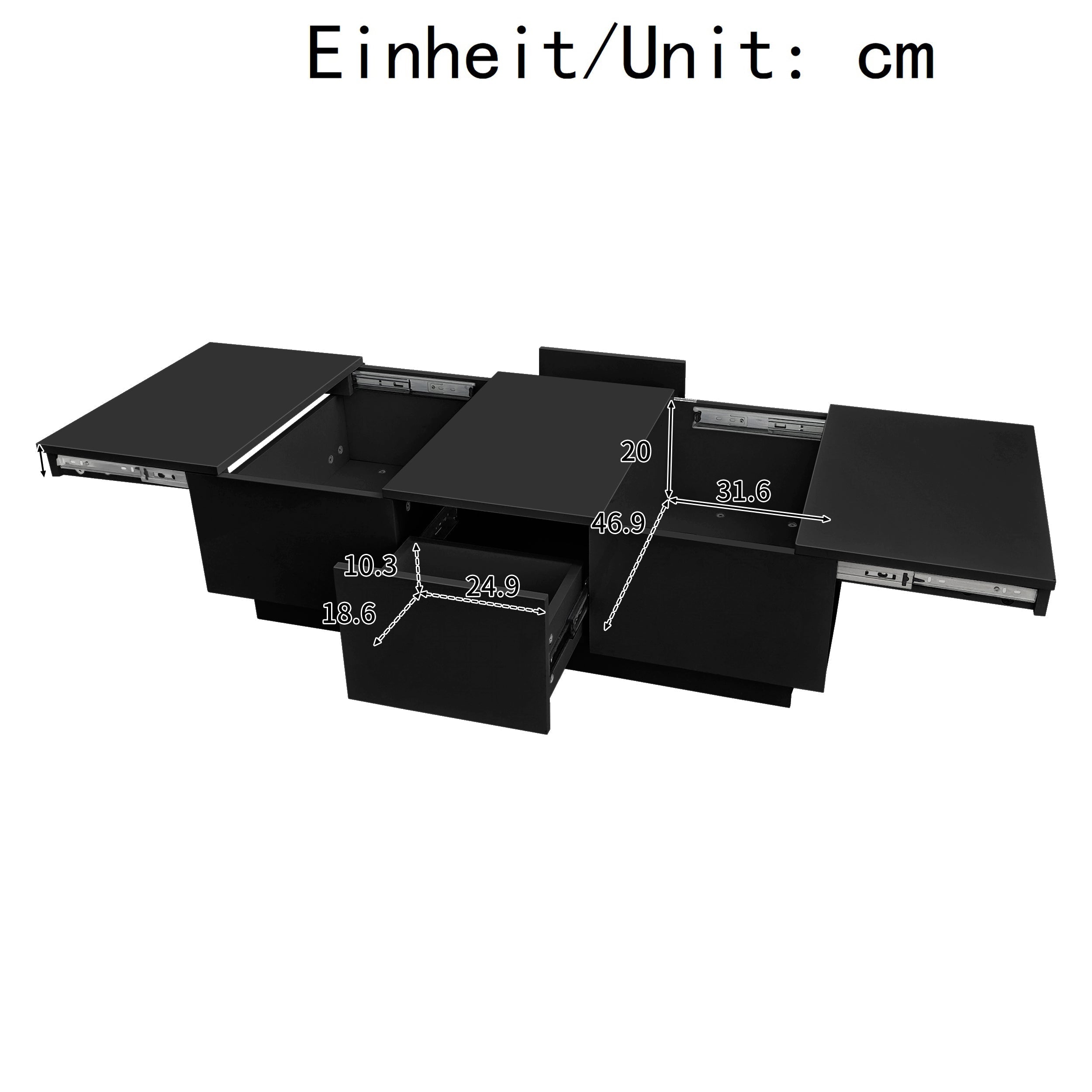 Coffee Table: Black High-Gloss Living Room Table with Push-Pull Storage Structure and Double-Sided Drawers, made of Particle Board.