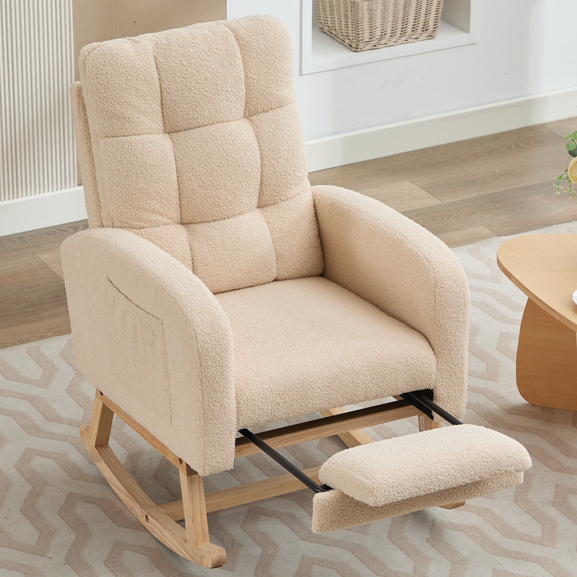 Rocking Chair with Adjustable Footrest and High Backrest, Beige Teddy Fabric