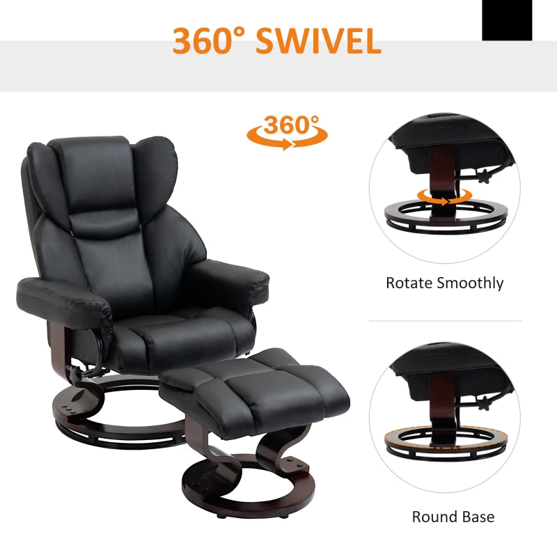 360¡ã Swivel Recliner Chair with Footstool, Manual Recliner Armchair, Black PU Leather