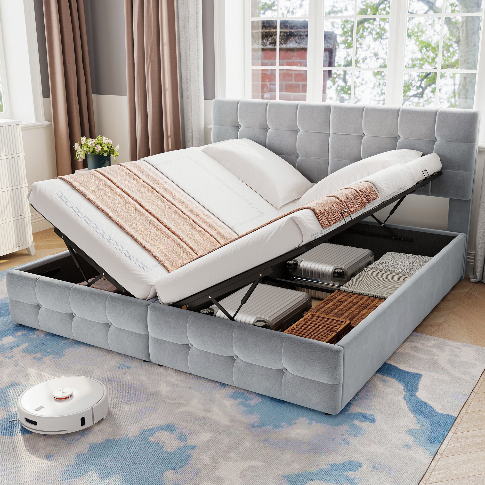 Upholstered Hydraulic Spliced Bed for Adults & Teenagers, Double 180x190cm or Single 90x190cm, with Checkered Sponge Backrest and Two Berth Hydraulic, Velvet & Iron, Grey