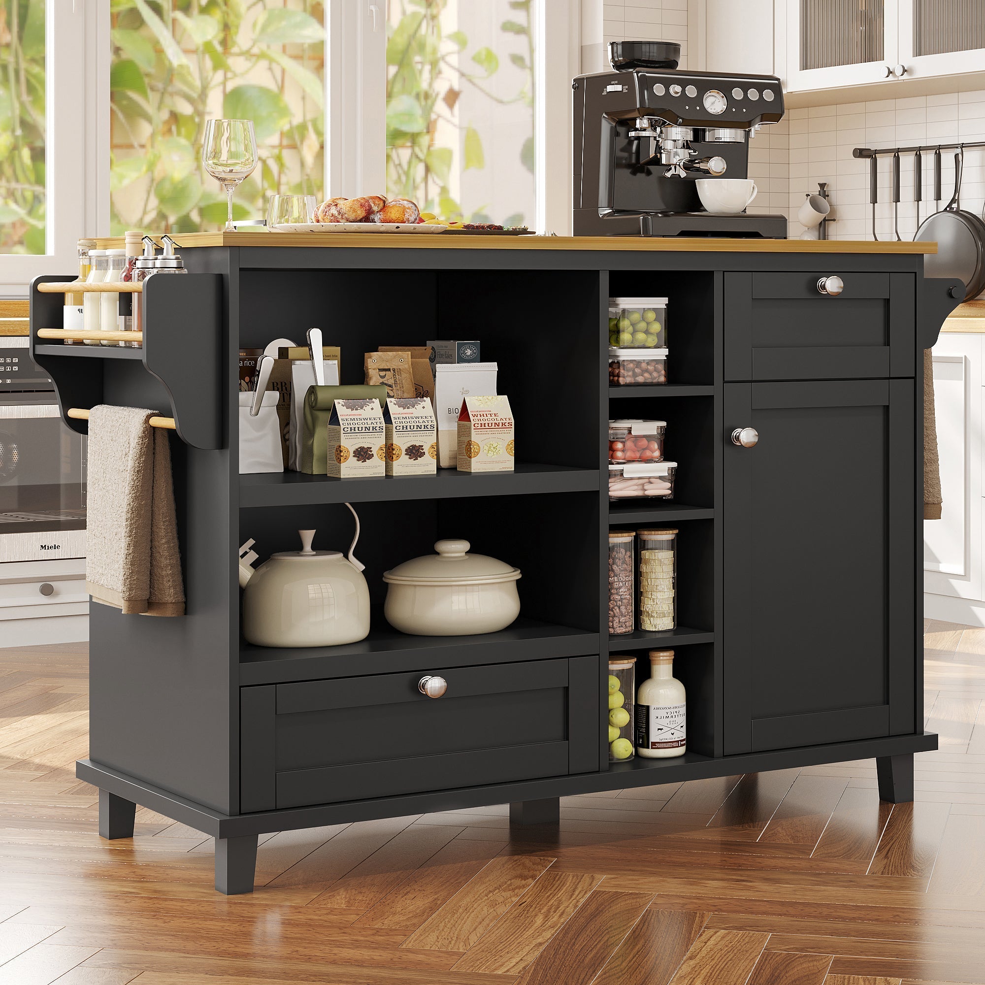 Dining Trolley (129x46x92cm), Mobile Kitchen with Drawers & Cupboards, Wood Top, Black