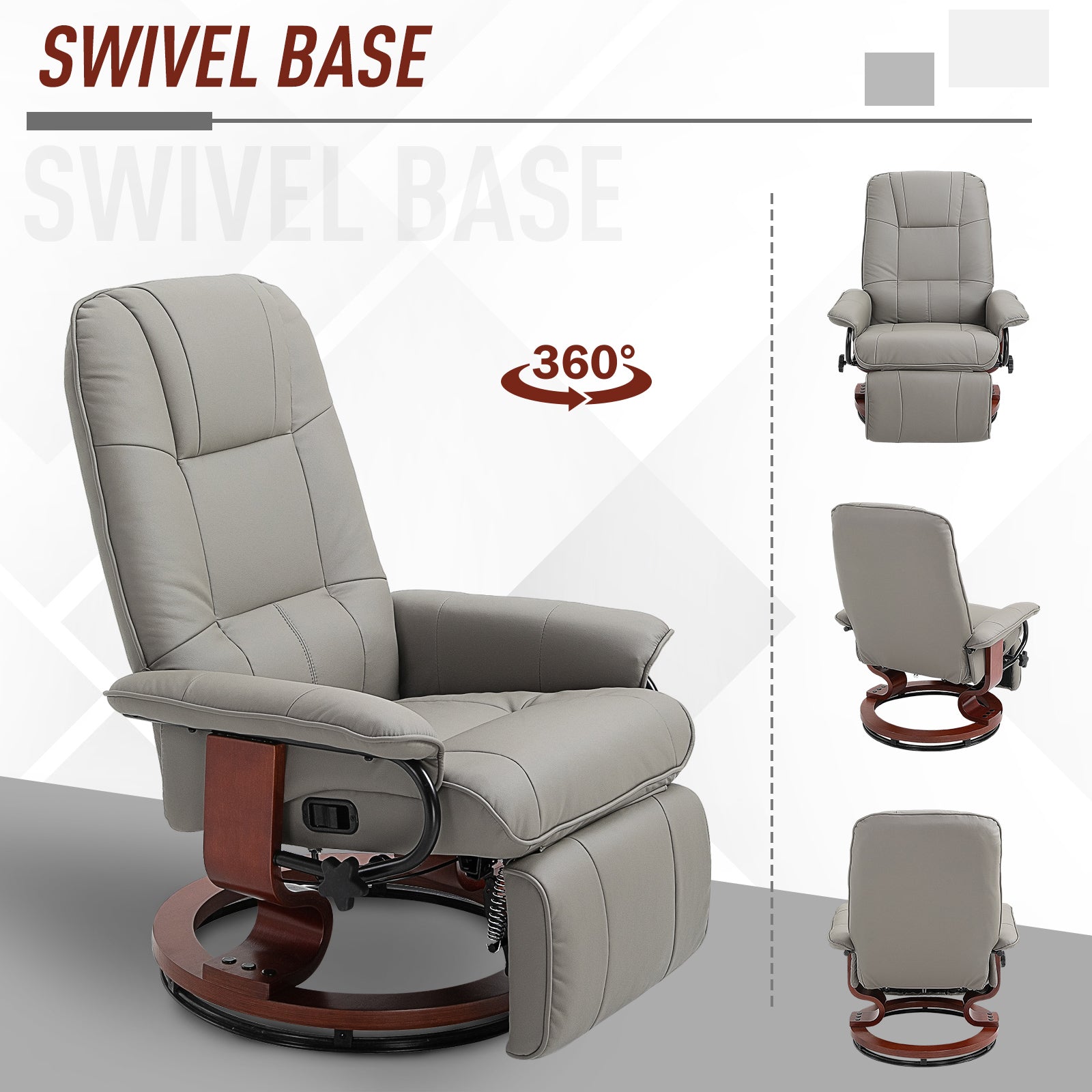 360¡ã Swivel Recliner Chair with Footstool, Manual Recliner Armchair, Faux Leather, Grey