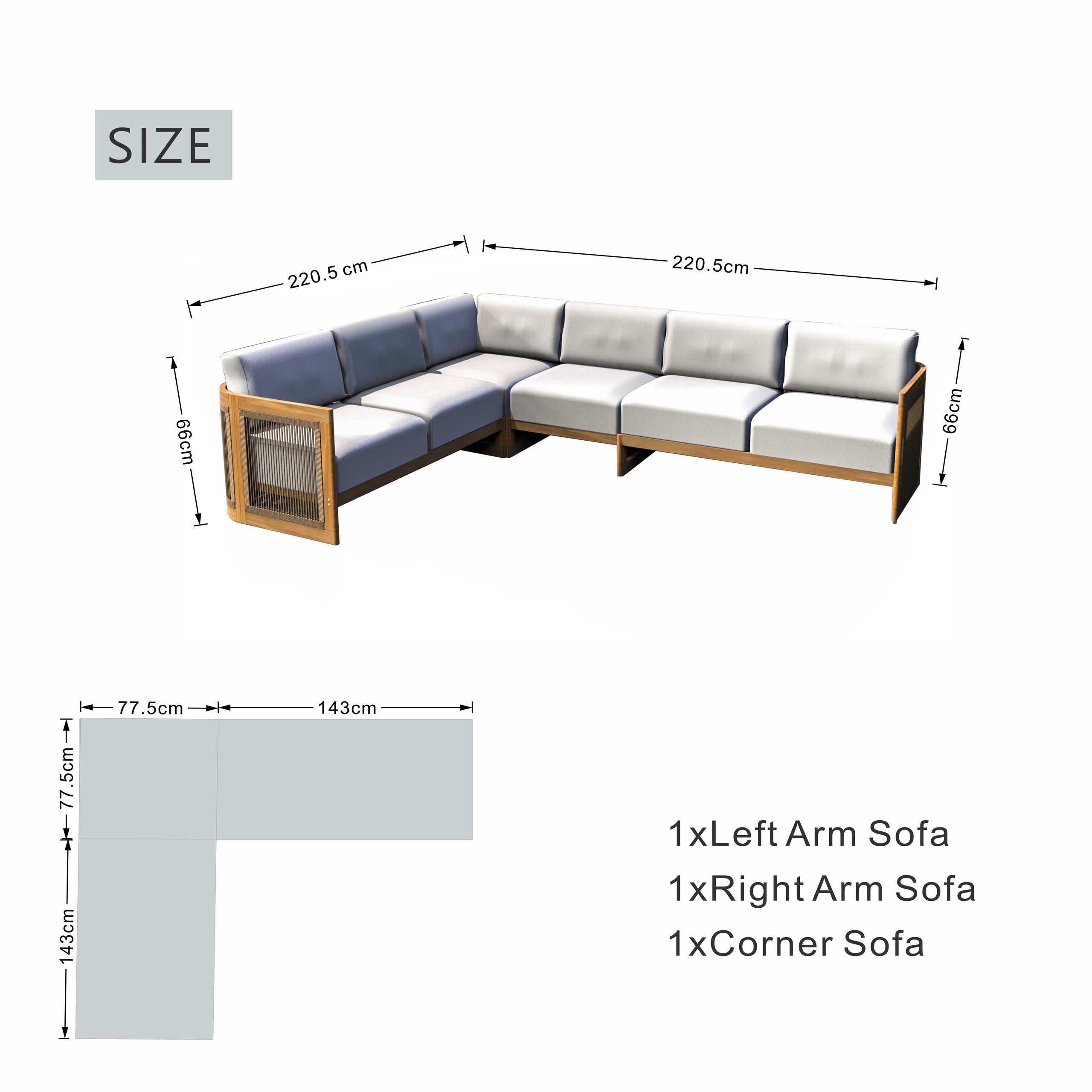 L-Shape 5 seat Solid Acacia Modular Sofa Set with Cushions ¨C Lounge Configuration (PAS-2516-LS+CS+MS+RS)