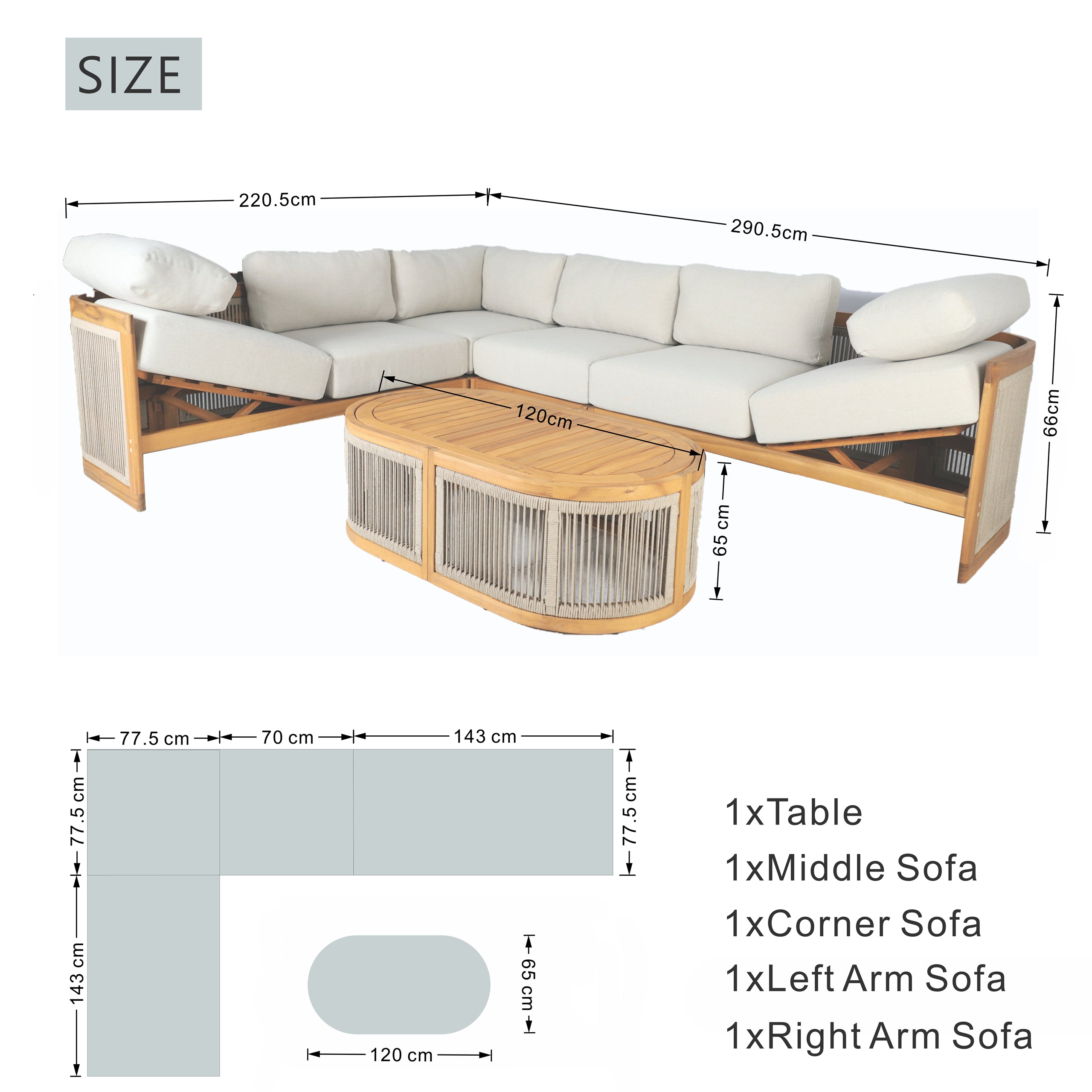 L-Shape 5-Seat Solid Acacia Modular Sofa Set with Cushions ¨C  Lounge Configuration (PAS-2516-LS+CS+MS+RS+OTA)