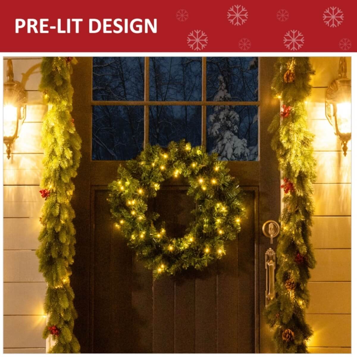 55cm Pre-Lit Christmas Wreath with 50 Warm White LEDs – Artificial Holiday Door Decoration