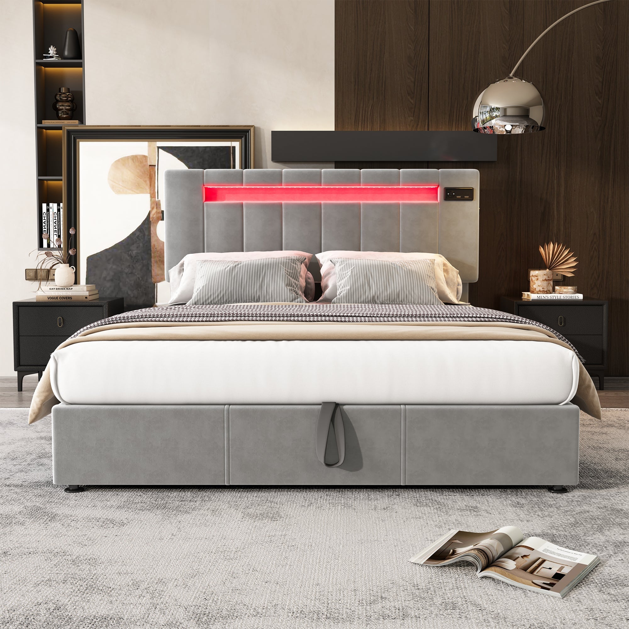 Upholstered Hydraulic Bed, 4ft6 Double 135x190cm, with Bluetooth Stereo, USB Port, LED Lights, Velvet+Iron, Grey