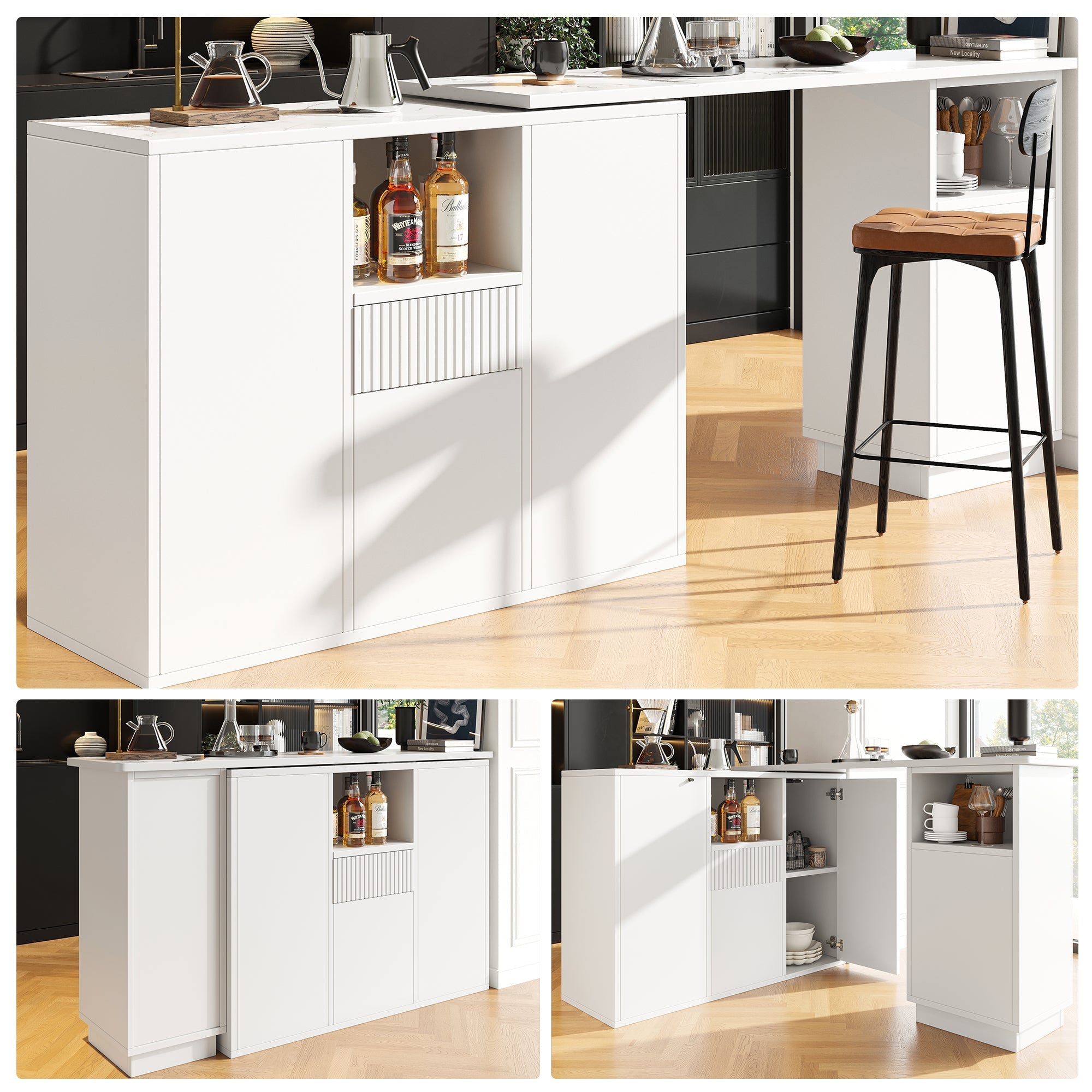 360¡ã Swivelling Bar Table with Open Storage and Marble Worktop, White