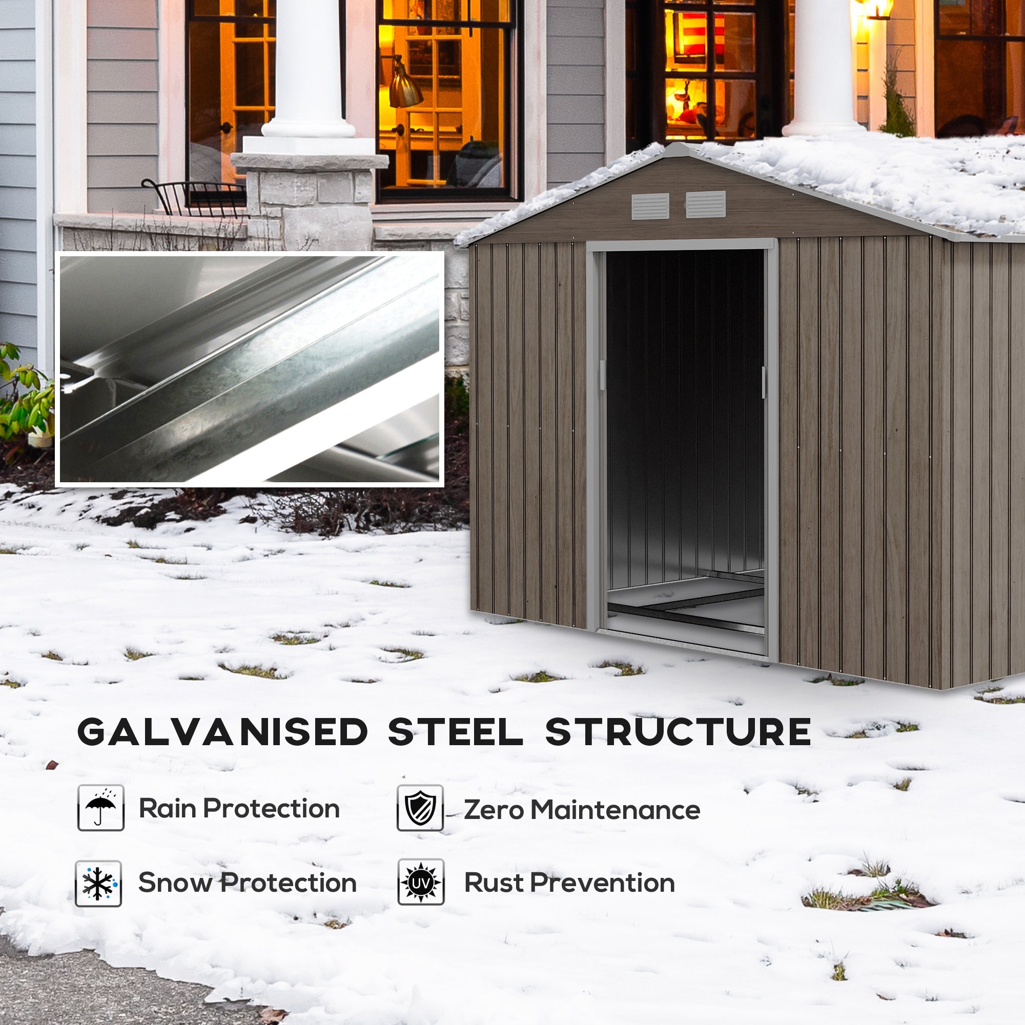 Garden Shed, Outdoor Storage Tool House, Steel Brown