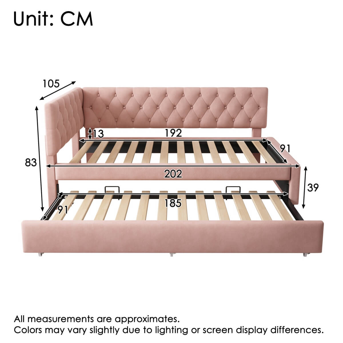 Upholstered Daybed with Pull-Out Bed – 3FT Single Sofa Bed 90x190cm, Trundle Guest Bed with Slatted Frame, Velvet