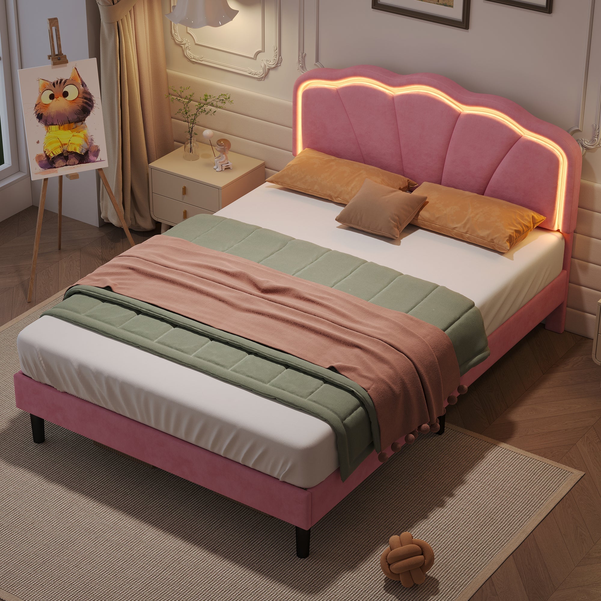 4ft6 Double Upholstered Bed with LED Adjustable Shell Headboard, Soft Velvet, Pink