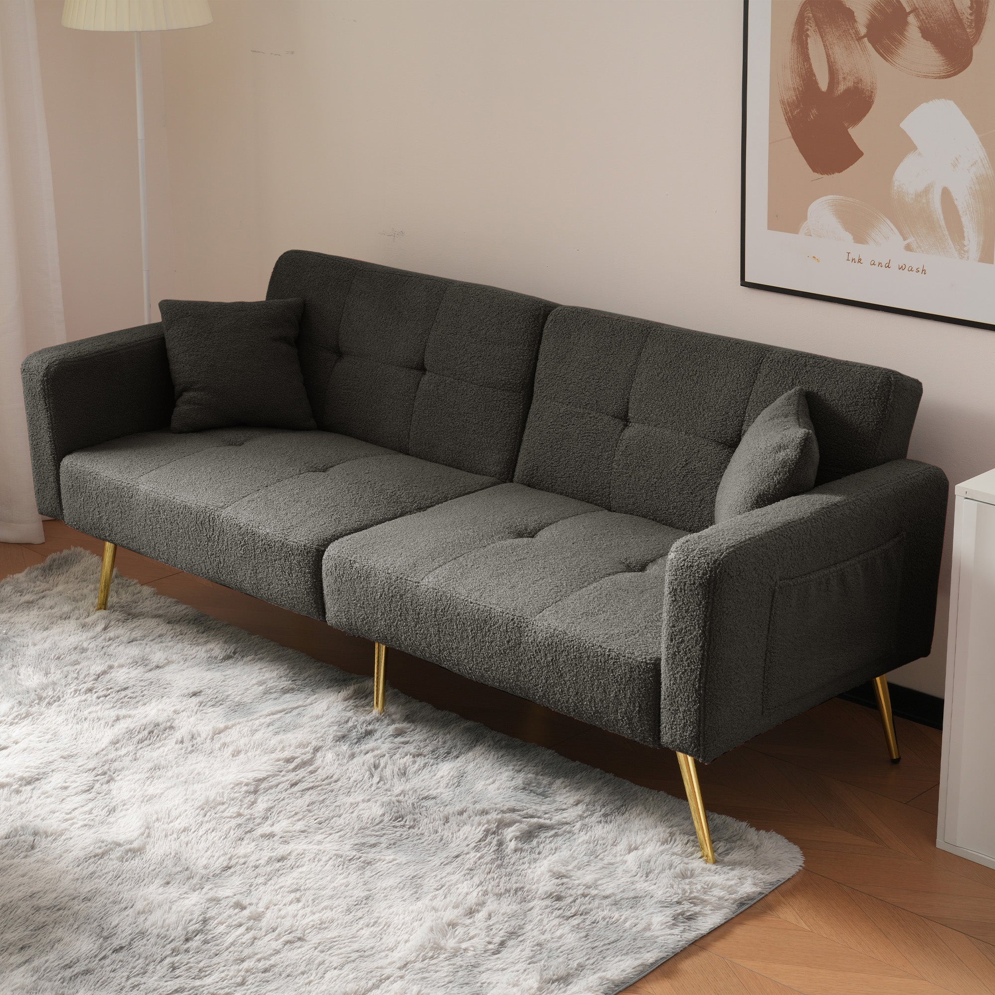 Sofa Bed with Bed Function, 3 Adjustable Backrest Angles, Gold Legs, Cushions, and Side Storage Pockets