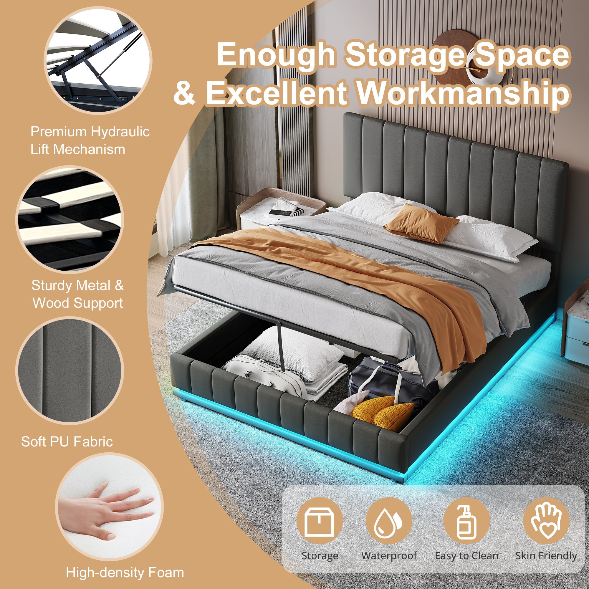 Ottoman King Bed with LED Lighting, Hydraulic Storage, and Adjustable Channel Tufted Headboard, Grey PU Leather