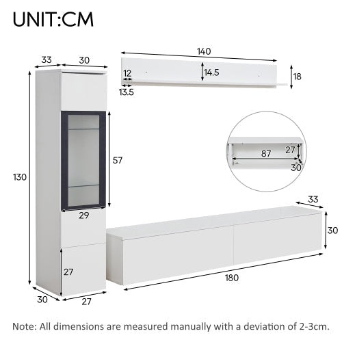 Set of 3 TV Wall Unit, LED TV Stand & Display Cabinet, High Gloss White