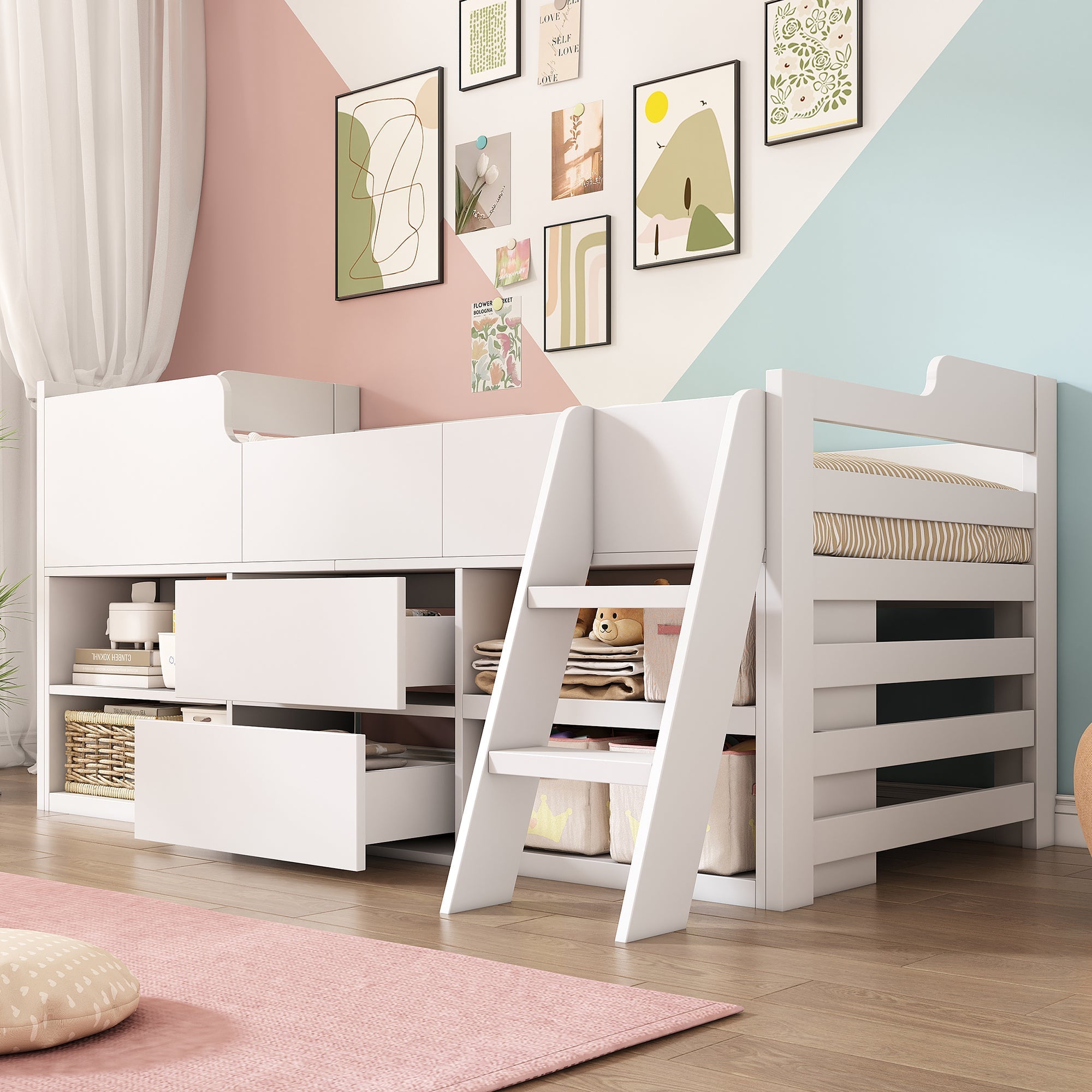 Cabin Bed Mid Sleeper, Storage Kids Wooden Bed with Drawers & Shelf, Low Sleeper 3ft Single, White Wood