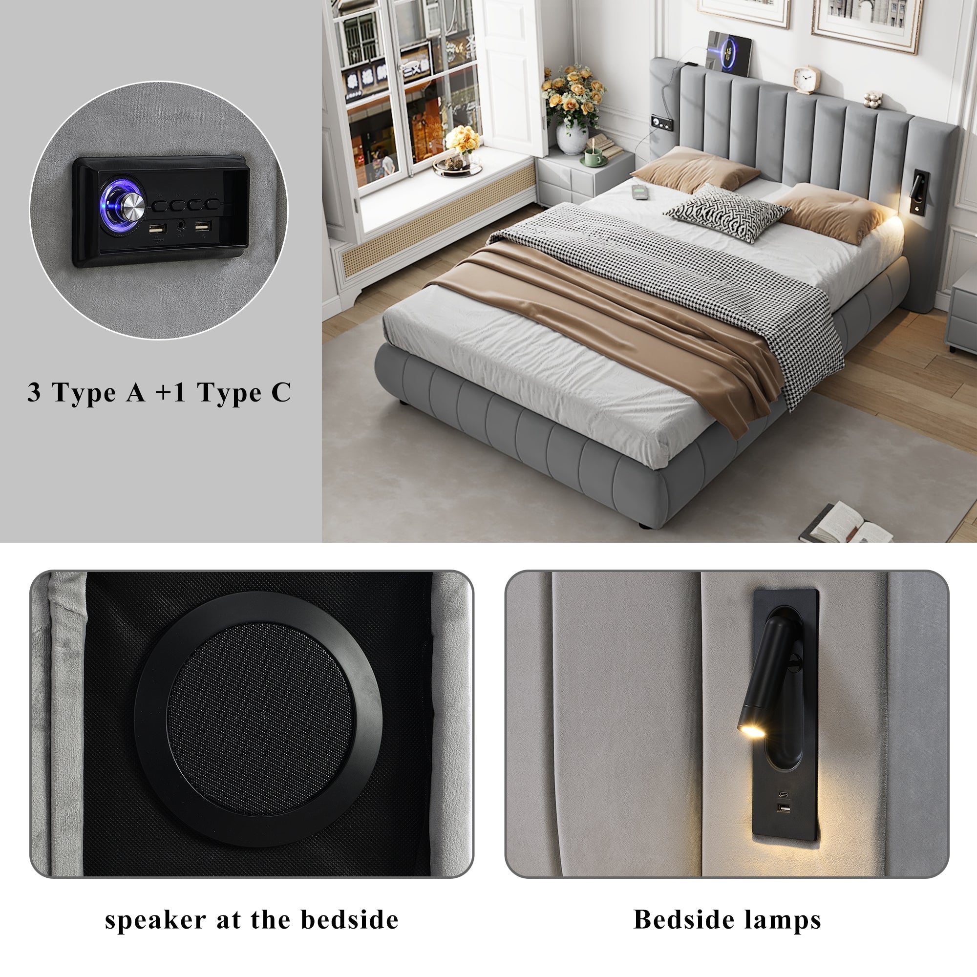 Upholstered Bed 4ft6 Double, 135x190cm, with Stereo, USB-A & USB-C, Lighting, Electrical Plug, Soft Headboard, Velvet & Iron, Grey