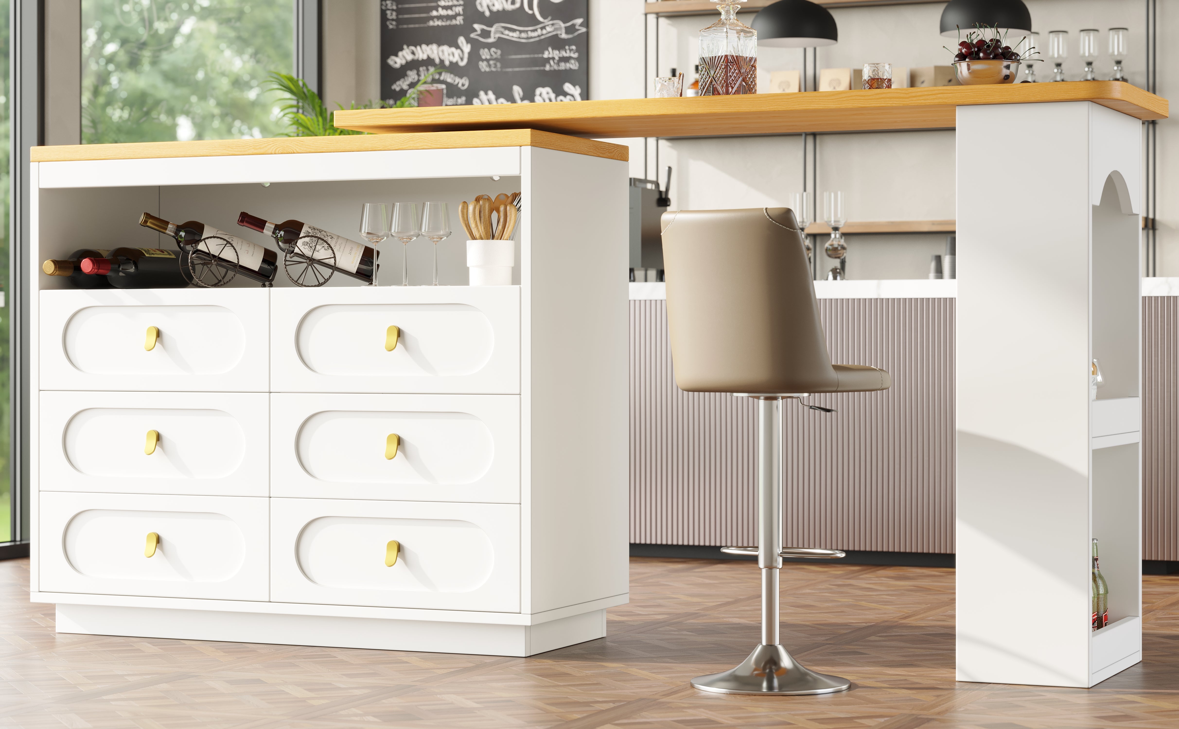 360¡ã Rotating Bar Table, Dining Kitchen Island with Storage, White