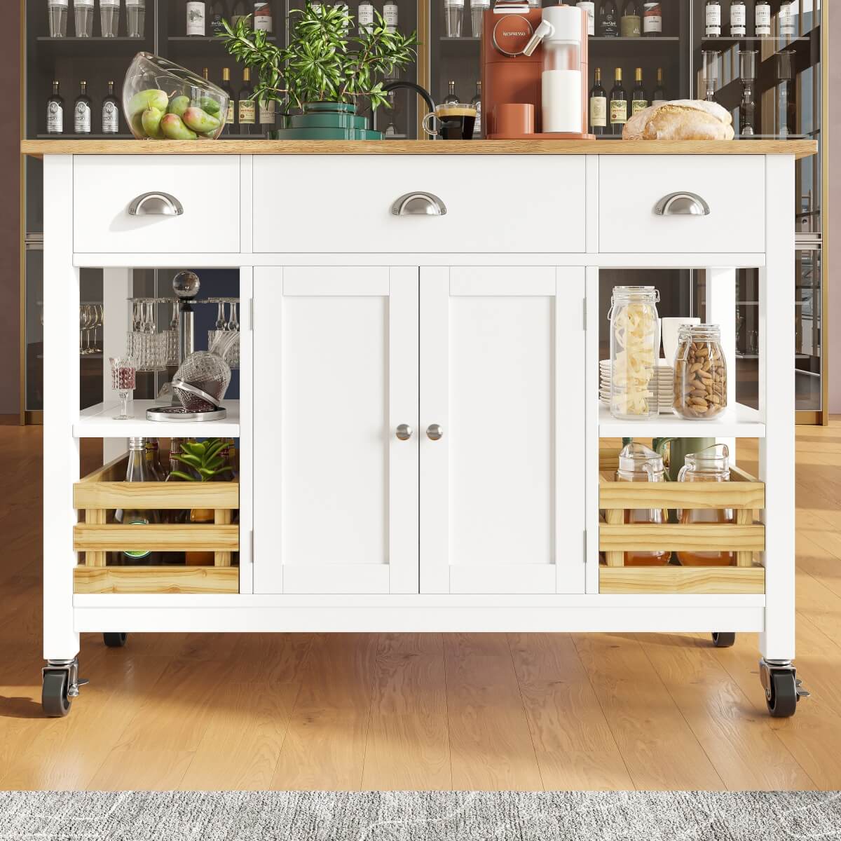 Kitchen Island Trolley on Wheels — Storage Cabinet with 3 Drawers, Adjustable Shelf & Spice Rack