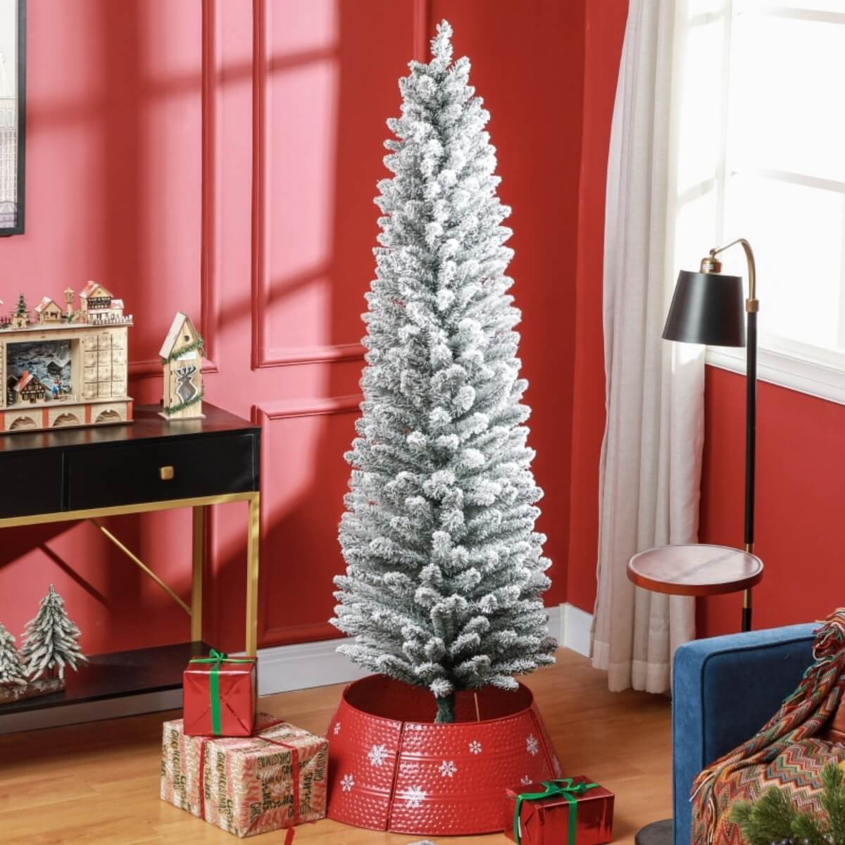 6FT Artificial Snowy Pencil Christmas Tree – Slim White Snow Effect, Space-Saving Holiday Décor