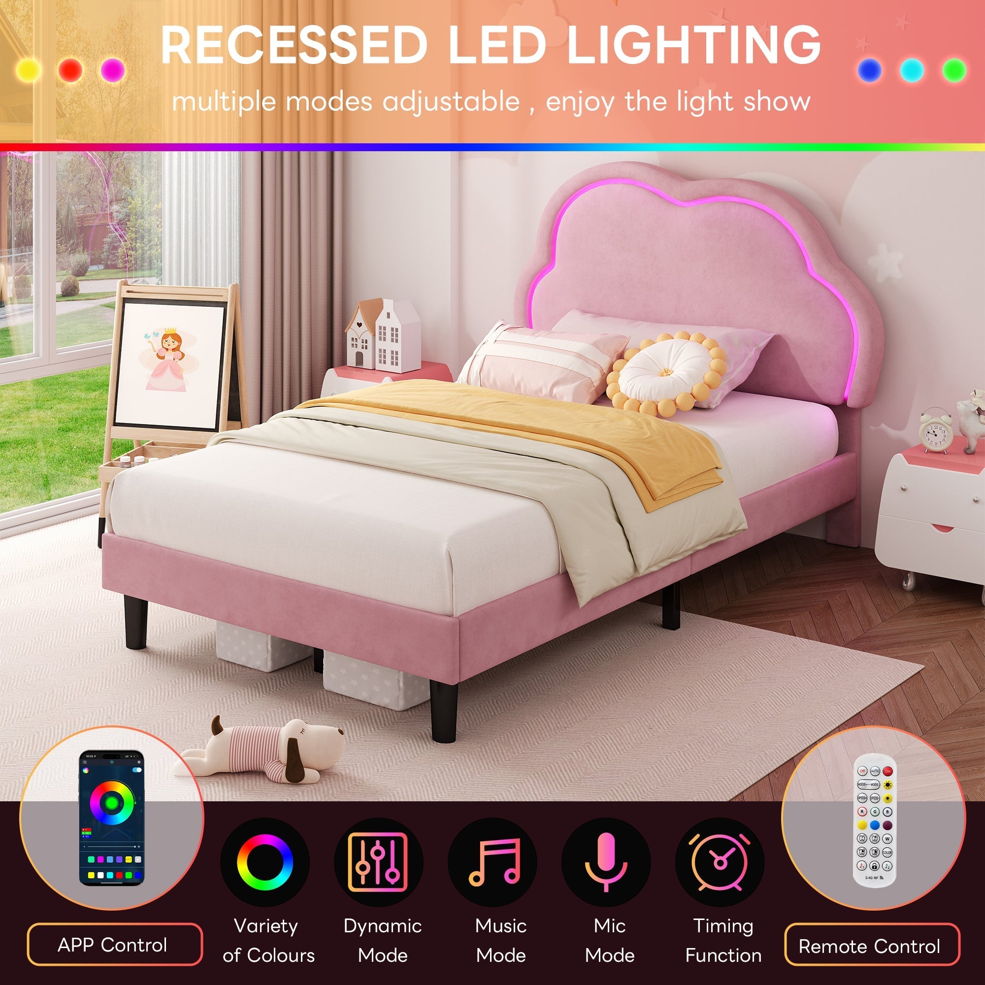 3ft Single Upholstered Bed with LED Adjustable Cute Cloud Headboard, Pink Soft Velvet
