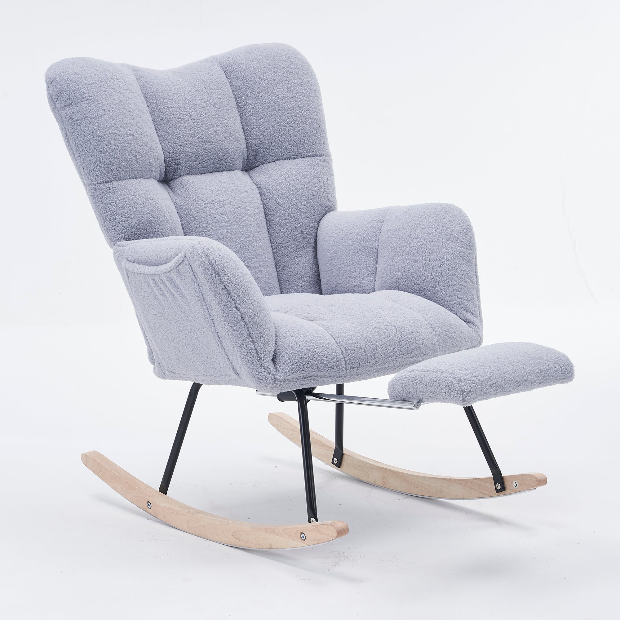 New Modern Teddy Fabric Tufted Upholstered Rocking Chair with Pull-Out Footrest, Light Grey