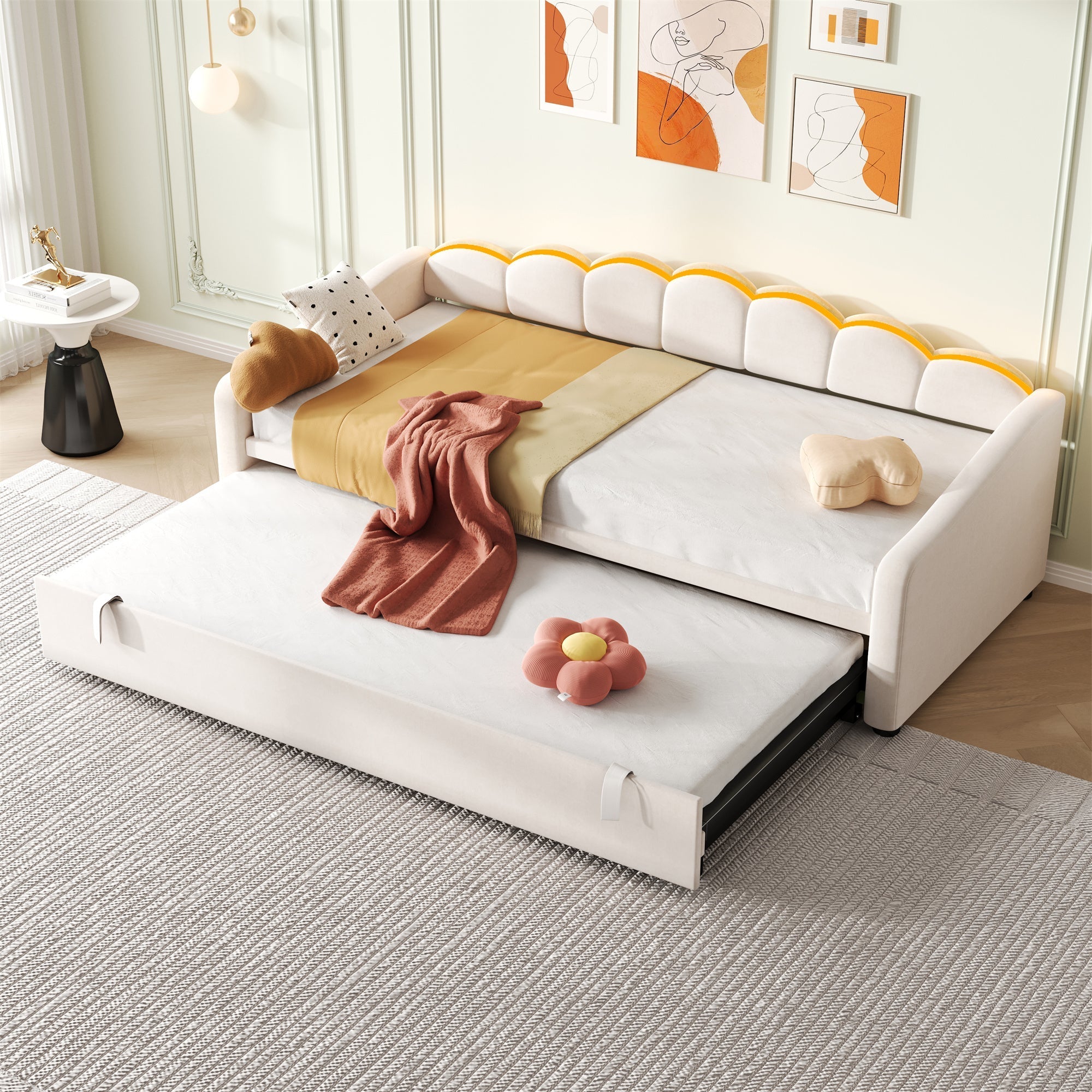 Upholstered Daybed Sofa Bed 90x190cm with RGB LED, 3ft Petal Shape Single Bed with Trundle, Velvet Beige